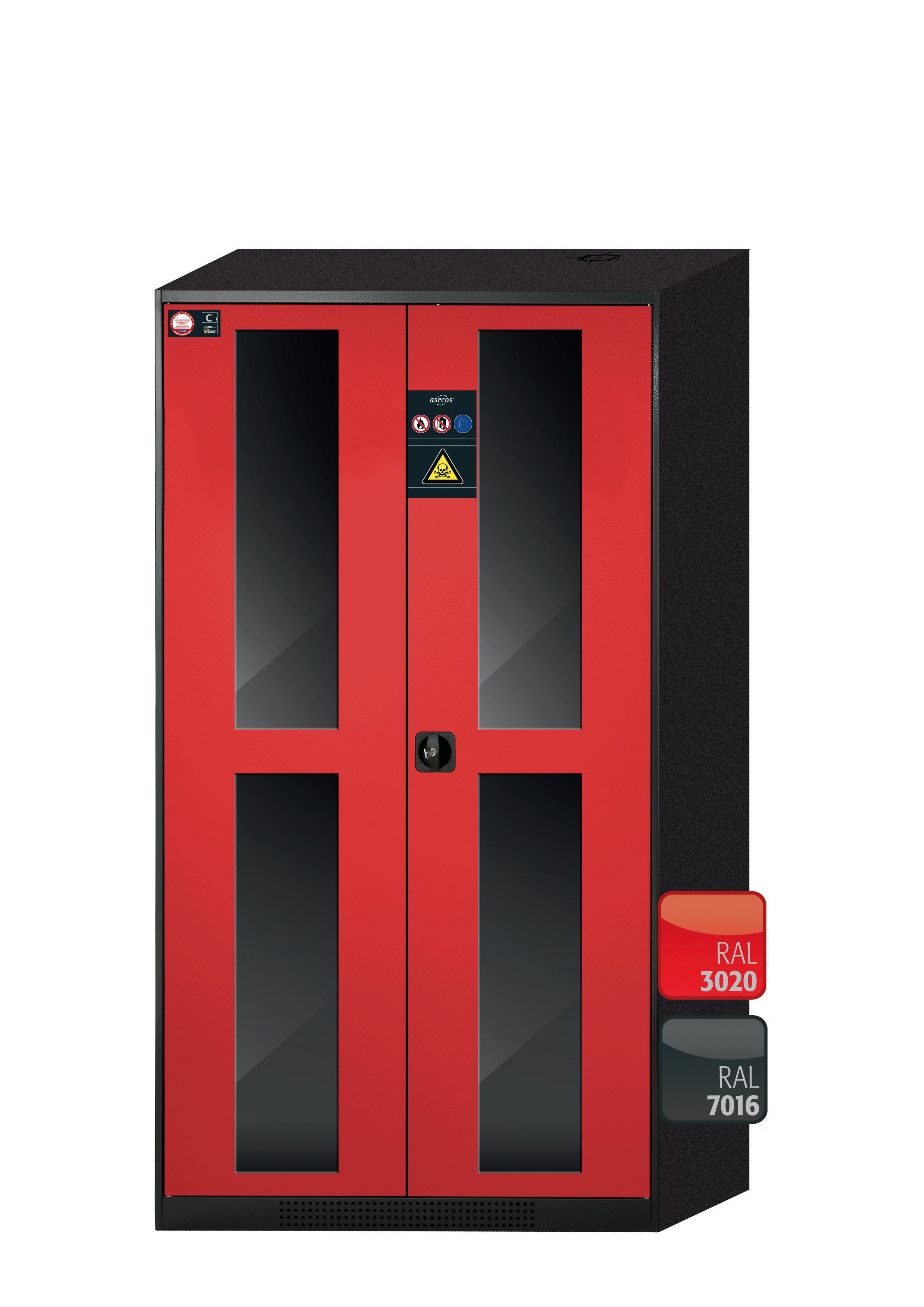 Chemical cabinet CS-CLASSIC-G model CS.195.105.WDFW in traffic red RAL 3020 with 4x AbZ pull-out shelves (sheet steel/polypropylene)