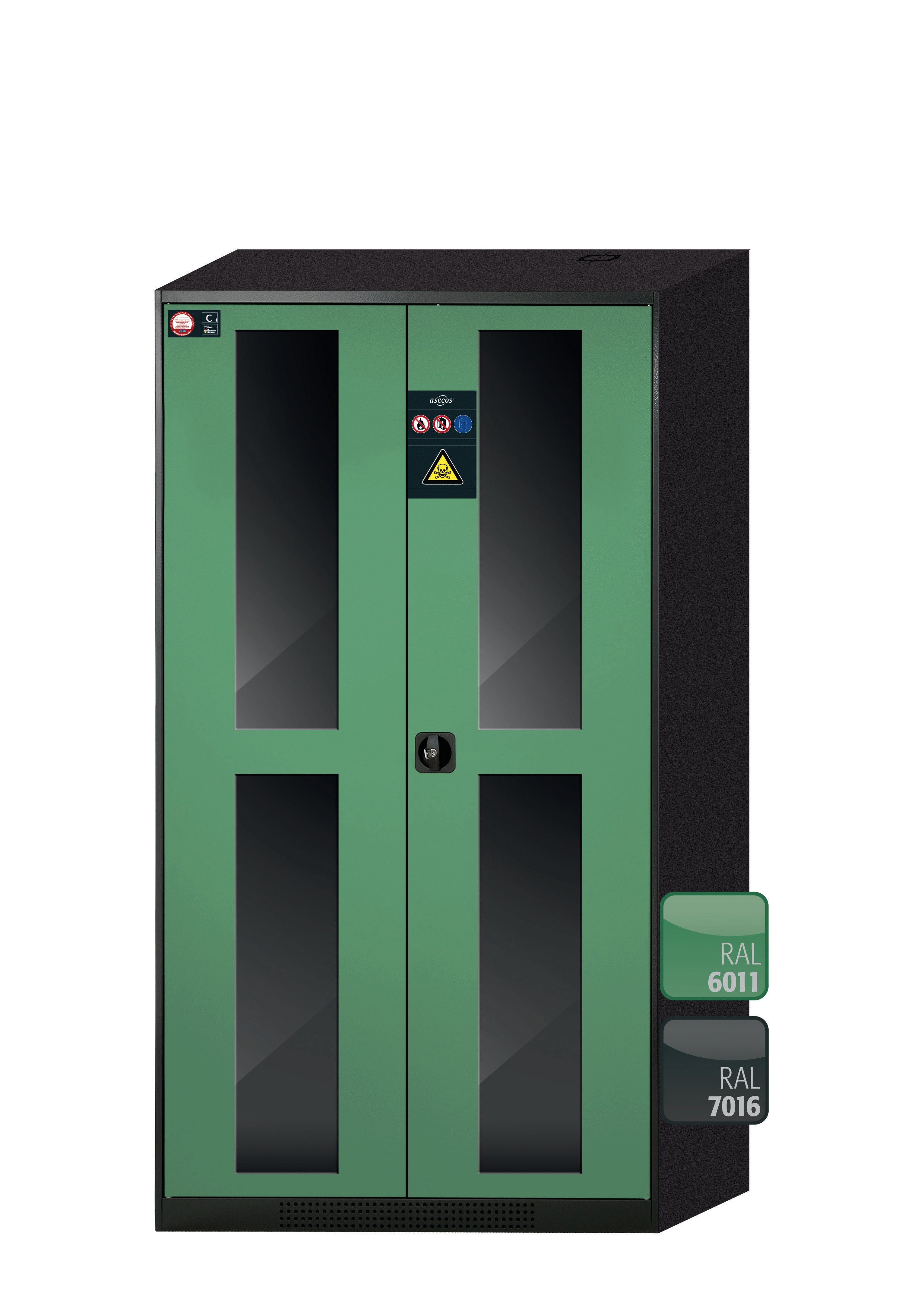 Chemical cabinet CS-CLASSIC-G model CS.195.105.WDFW in reseda green RAL 6011 with 6x AbZ shelf pull-outs (sheet steel/polypropylene)
