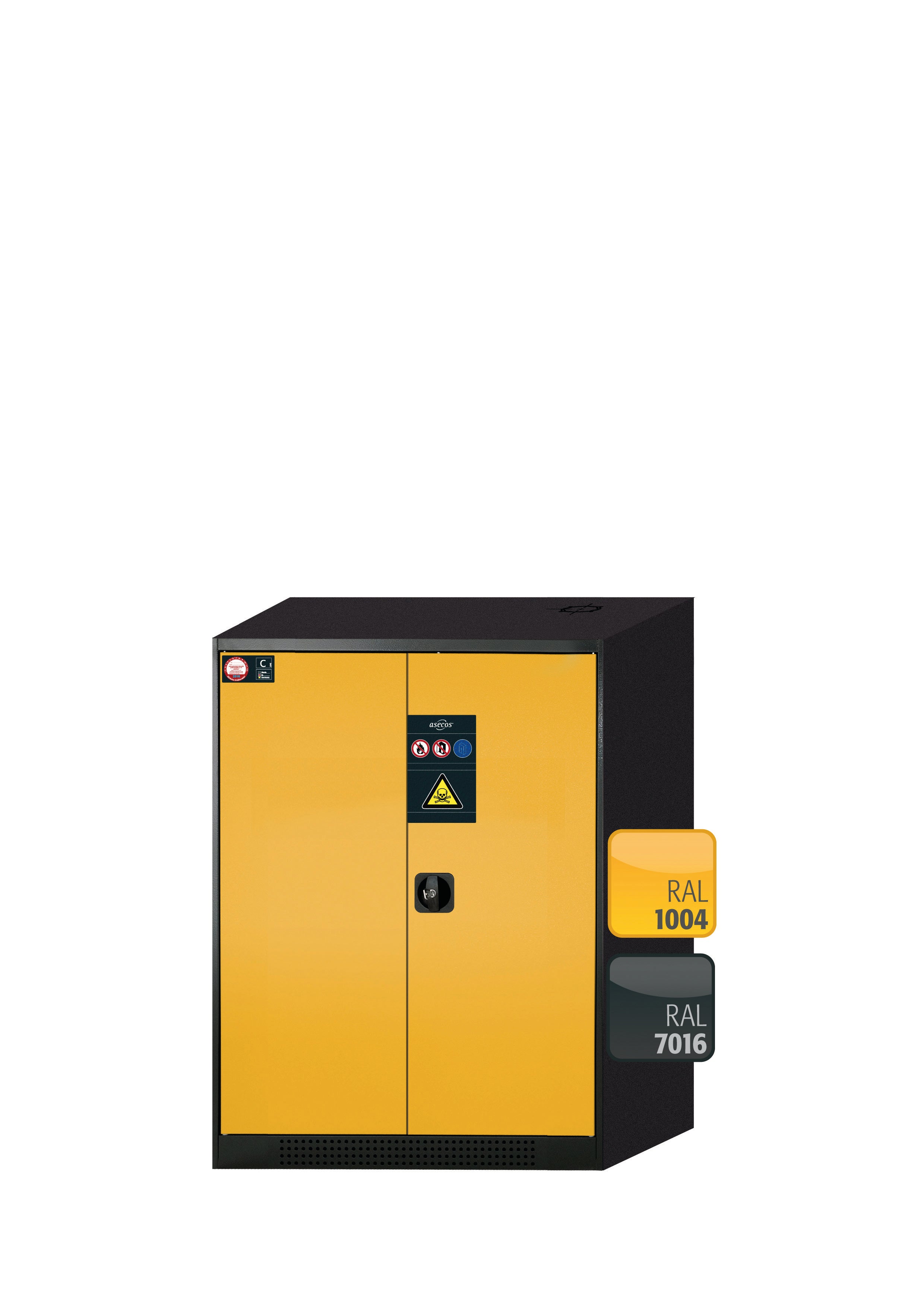 Armoire chimique CS-CLASSIC modèle CS.110.081 en jaune sécurité RAL 1004 avec 3 étagères coulissantes AbZ (tôle d'acier/polypropylène)
