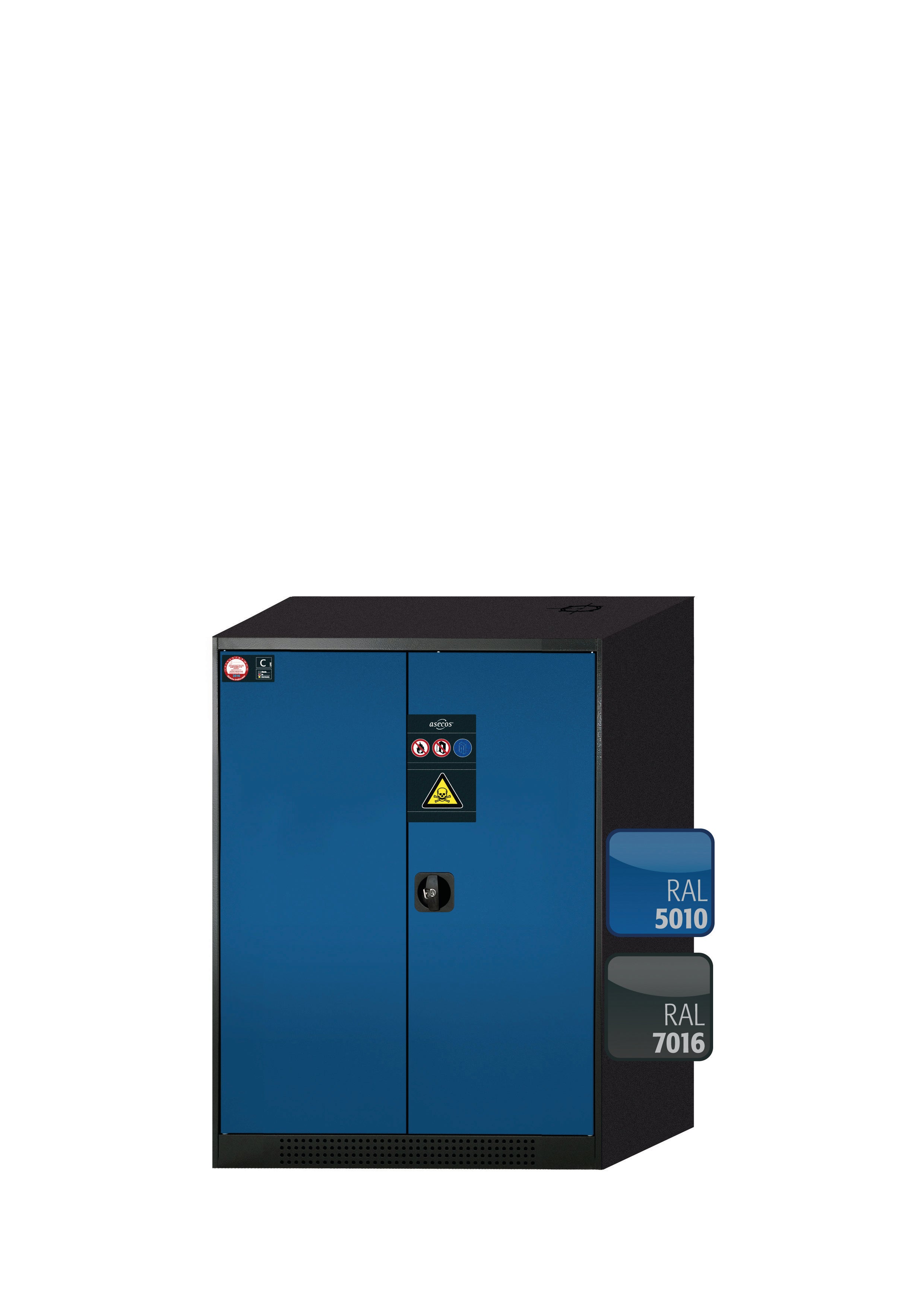 Chemikalienschrank CS-CLASSIC Modell CS.110.081 in enzianblau RAL 5010 mit 3x Tablarauszug AbZ (Stahlblech/Polypropylen)