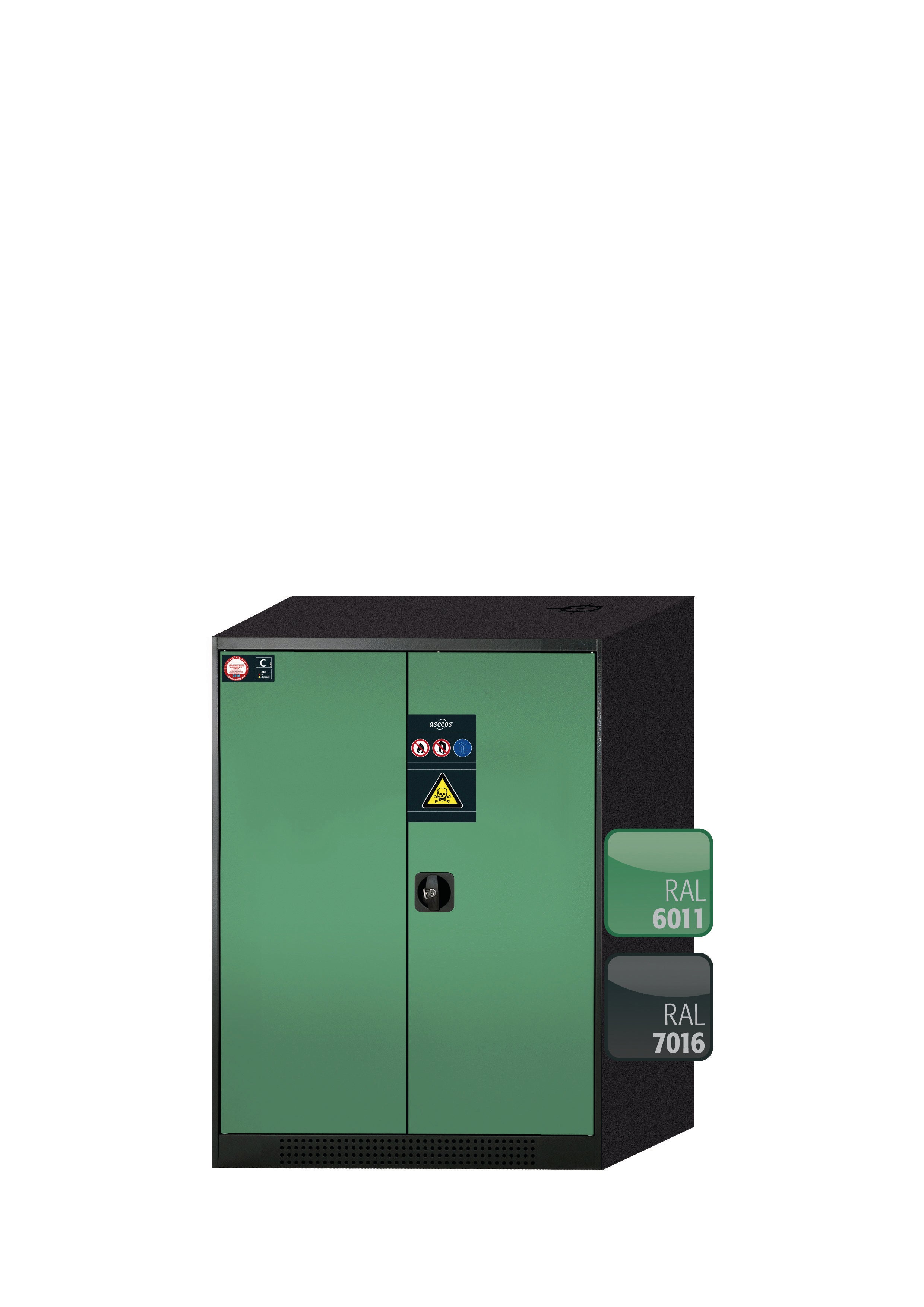 Armoire chimique CS-CLASSIC modèle CS.110.081 en vert réséda RAL 6011 avec 2x étagères standard (tôle d'acier)