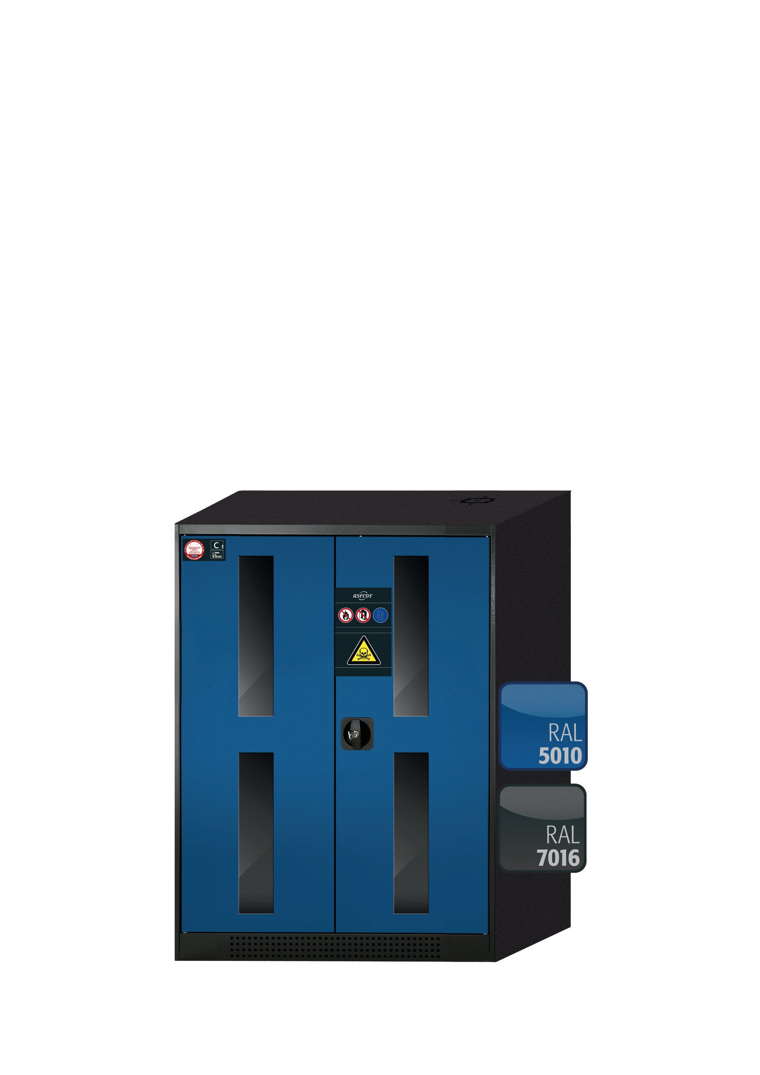 Chemikalienschrank CS-CLASSIC-G Modell CS.110.081.WDFW in enzianblau RAL 5010 mit 2x Tablarauszug AbZ (Stahlblech/Polypropylen)