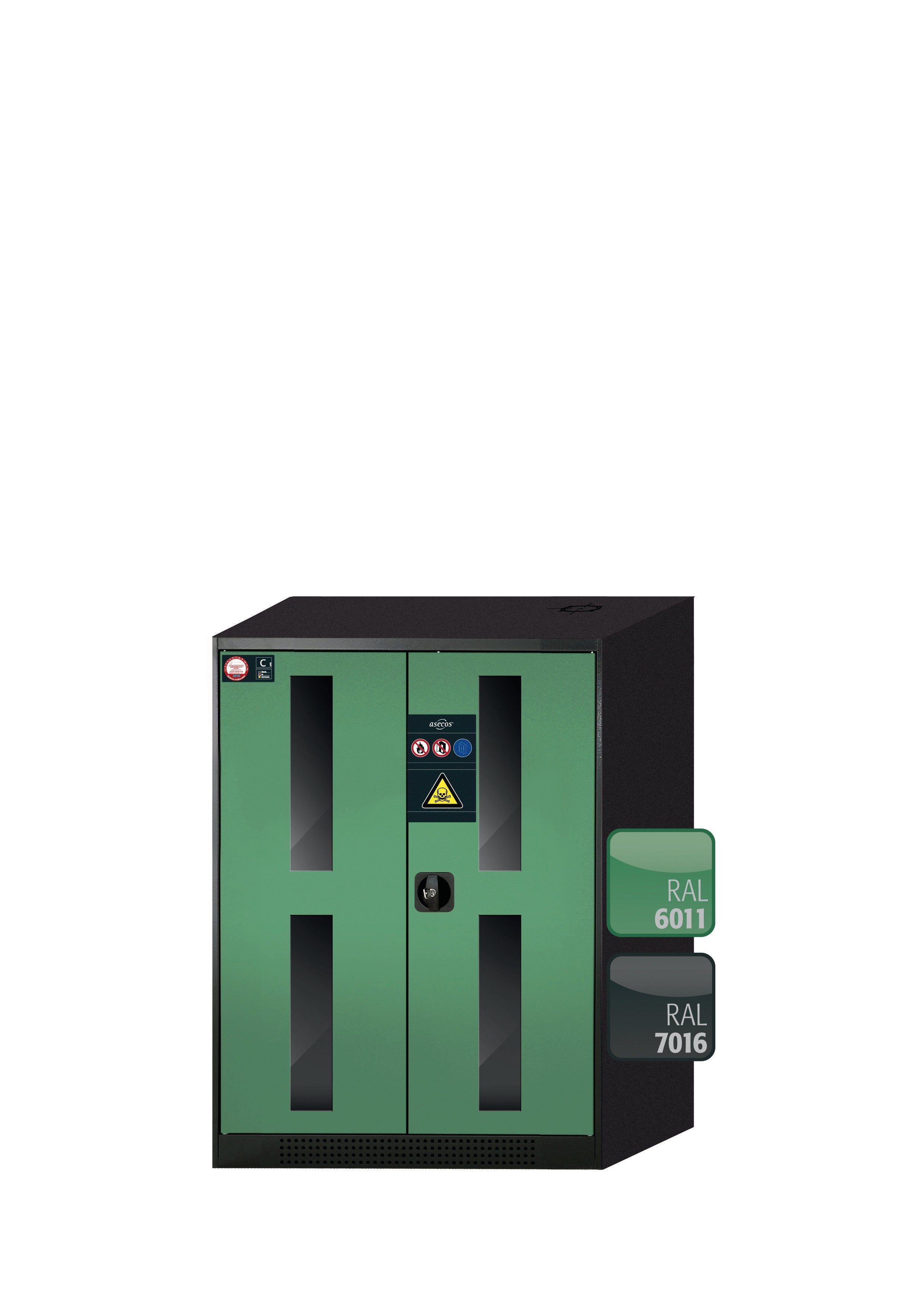 Armoire chimique CS-CLASSIC-G modèle CS.110.081.WDFW en vert réséda RAL 6011 avec 2x étagères standard (tôle d'acier)