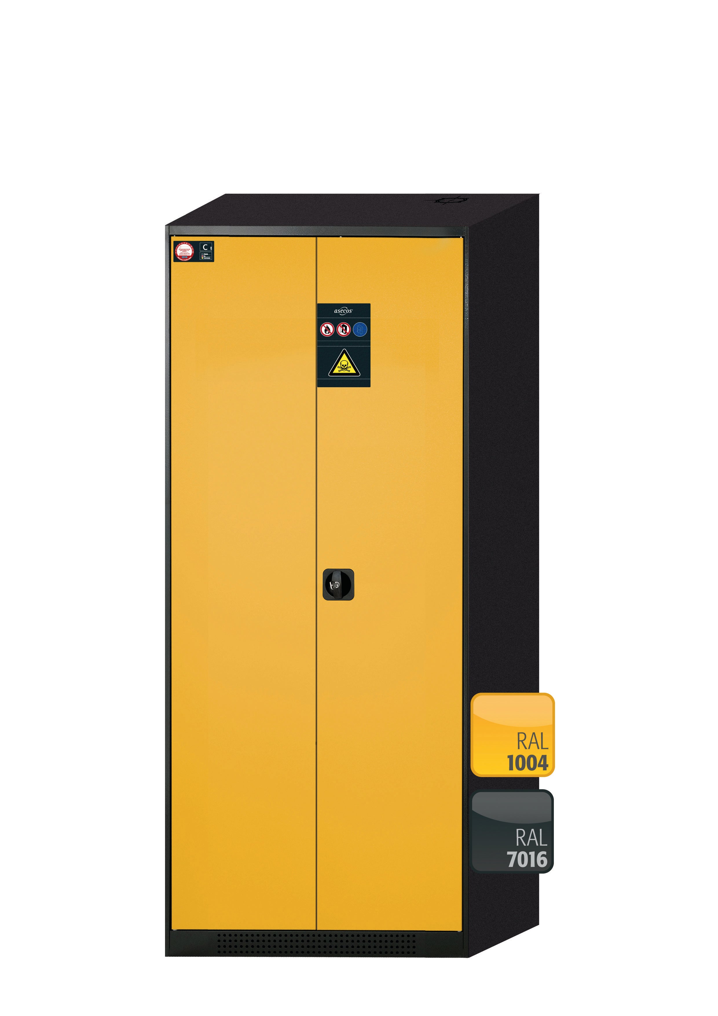 Chemical cabinet CS-CLASSIC model CS.195.081 in safety yellow RAL 1004 with 5x AbZ pull-out shelves (sheet steel/polypropylene)