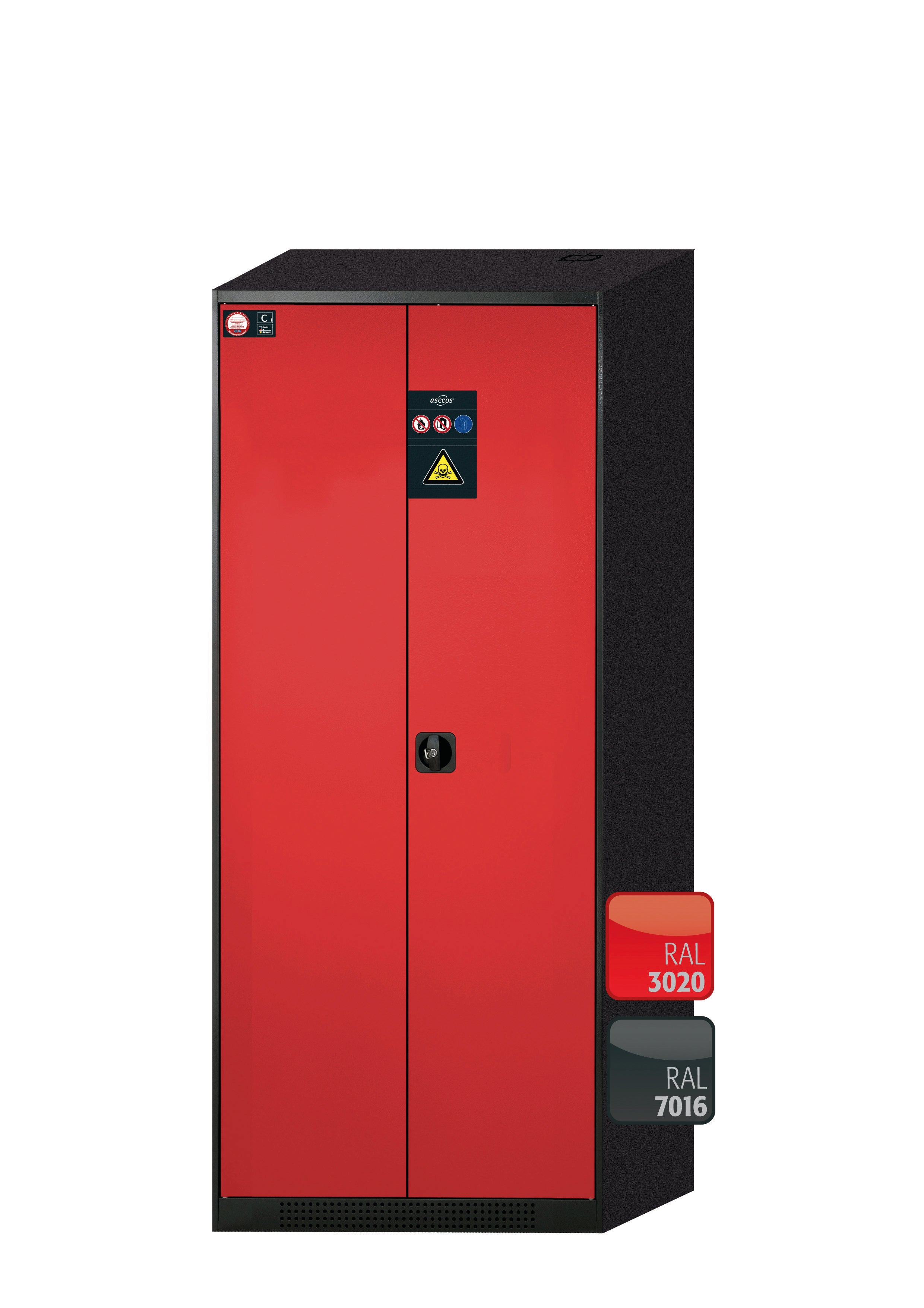 Armoire chimique CS-CLASSIC modèle CS.195.081 en rouge signalisation RAL 3020 avec 3x étagères standard (tôle d'acier)