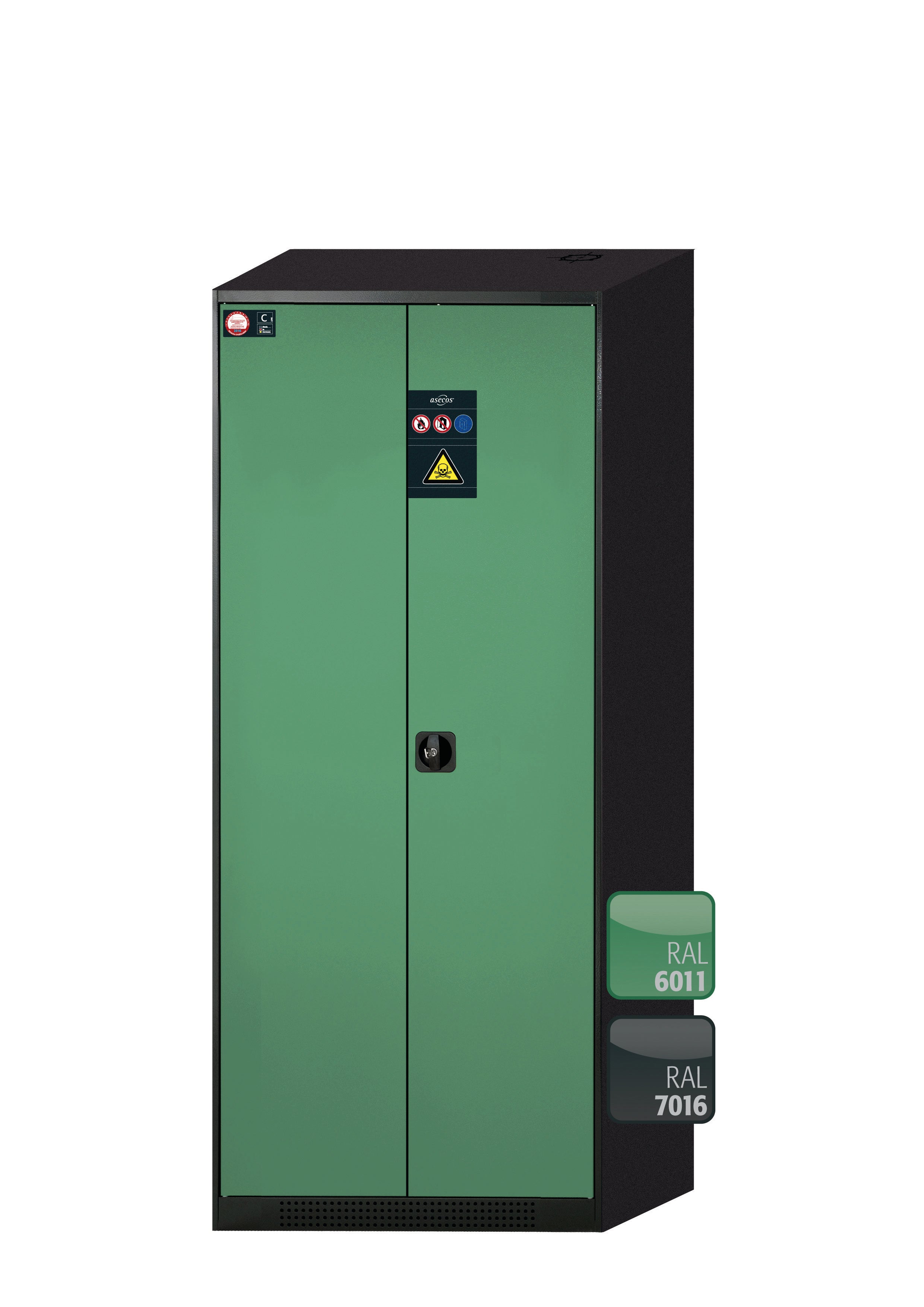 Chemical cabinet CS-CLASSIC model CS.195.081 in reseda green RAL 6011 with 6x AbZ pull-out shelves (sheet steel/polypropylene)