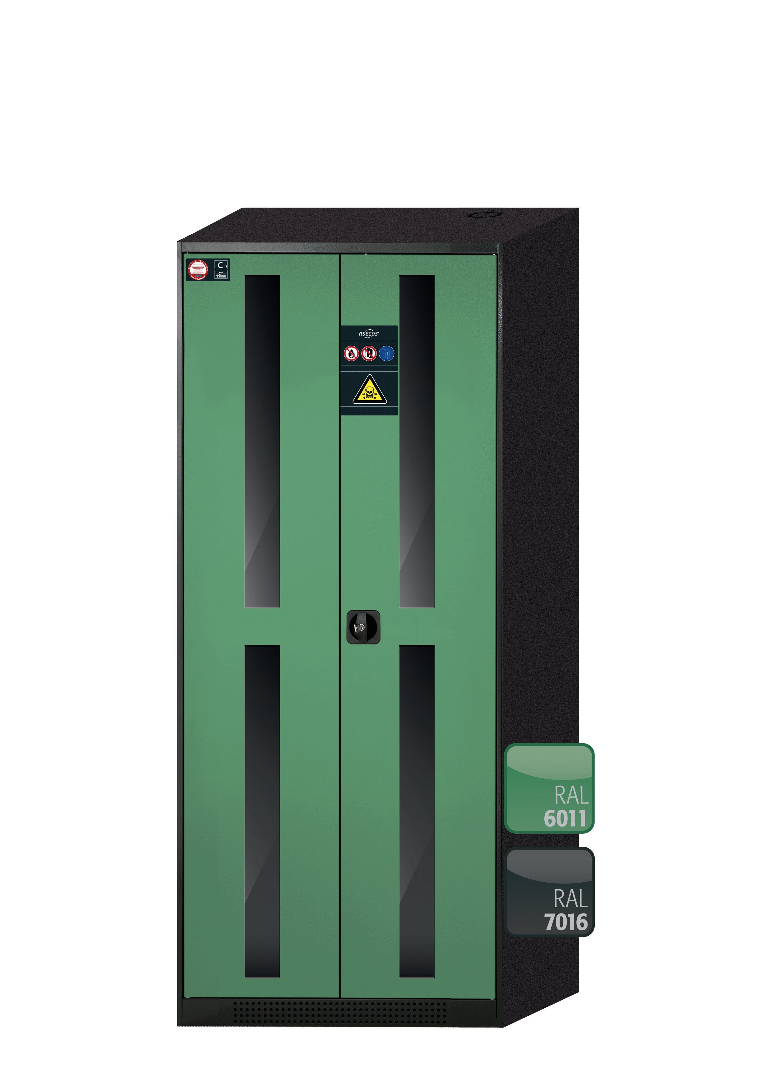 Chemical cabinet CS-CLASSIC-G model CS.195.081.WDFW in reseda green RAL 6011 with 4x AbZ pull-out shelves (sheet steel/polypropylene)