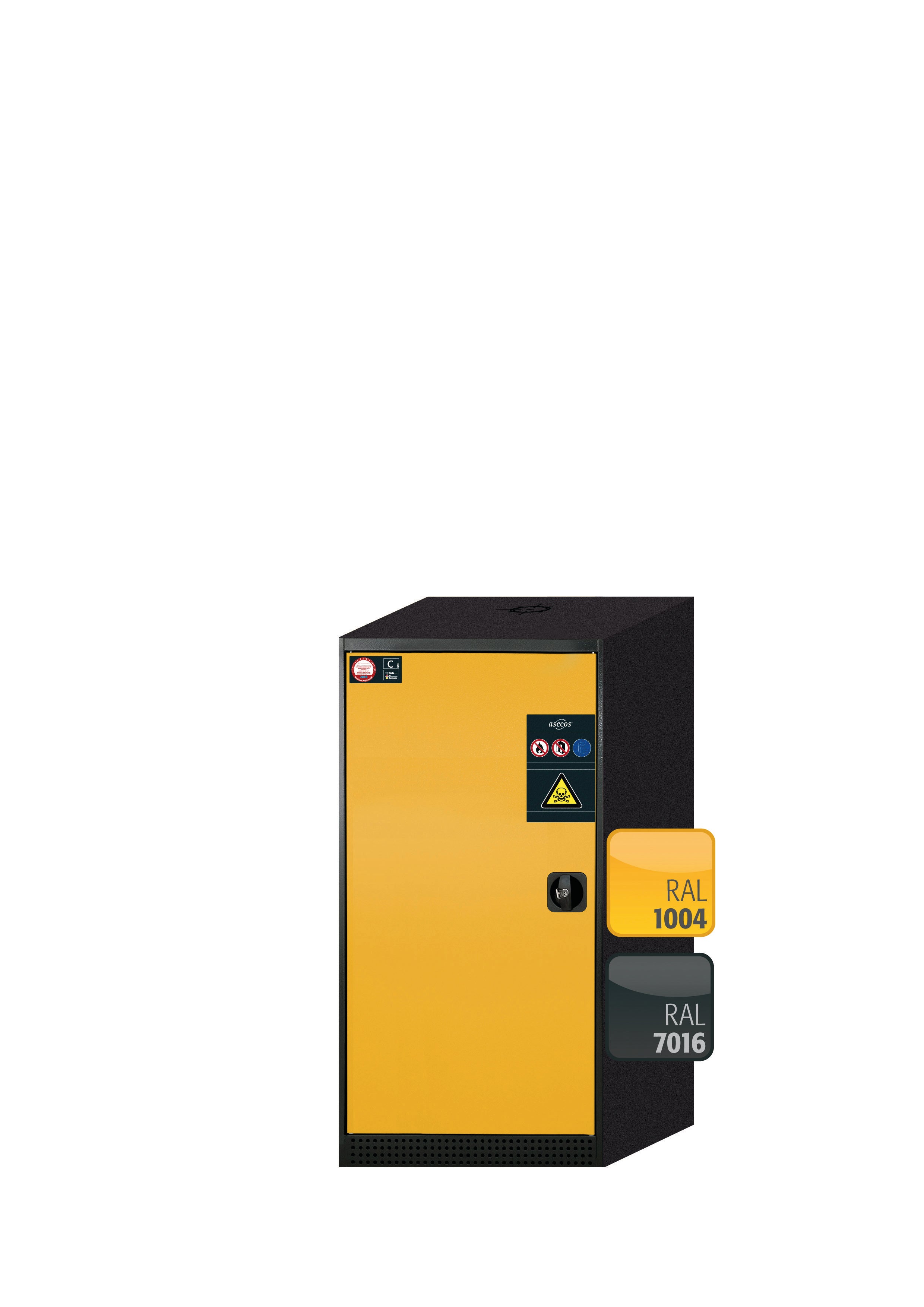 Armoire chimique CS-CLASSIC modèle CS.110.054 en jaune sécurité RAL 1004 avec 3 étagères coulissantes AbZ (tôle d'acier/polypropylène)
