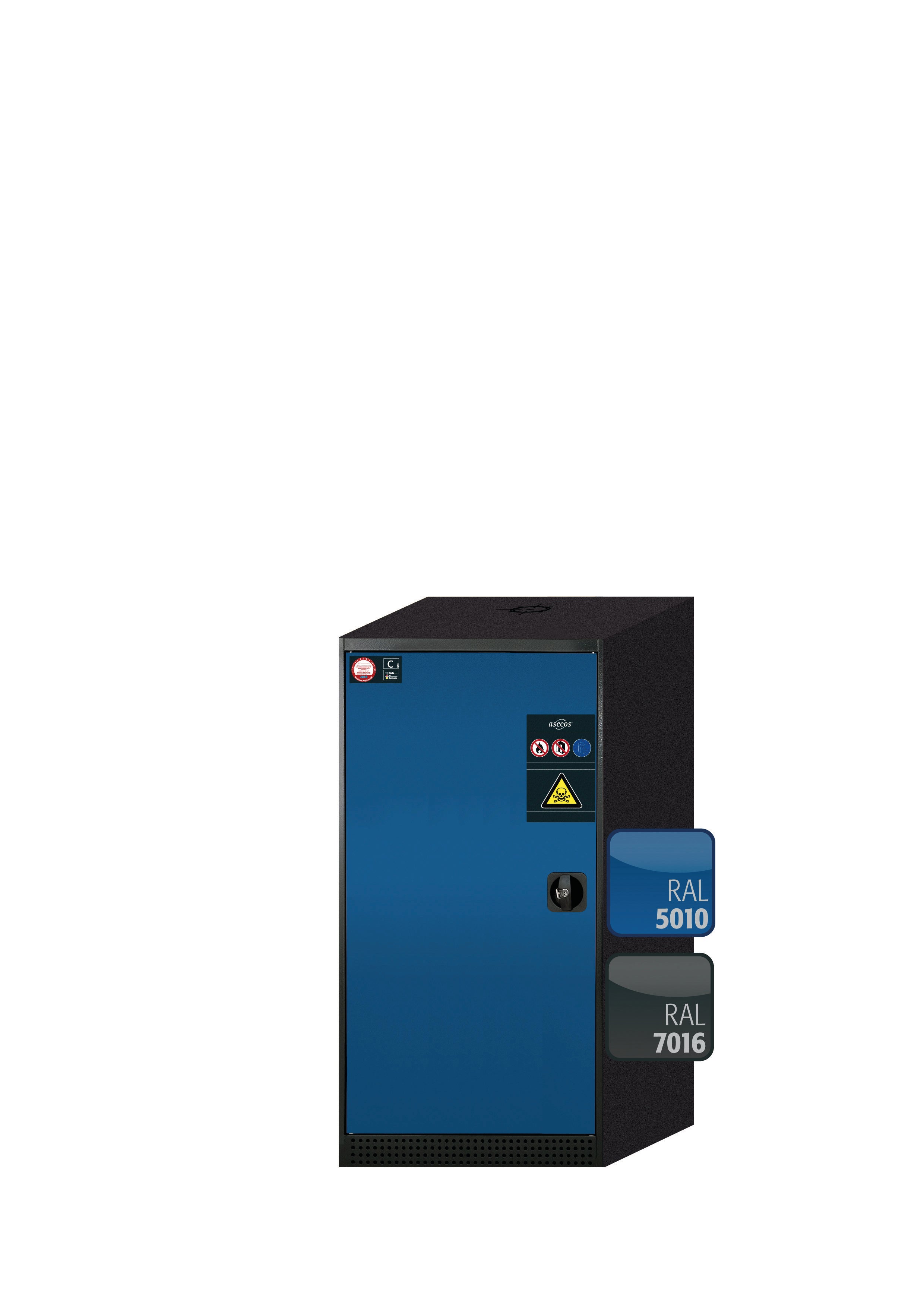 Chemikalienschrank CS-CLASSIC Modell CS.110.054 in enzianblau RAL 5010 mit 3x Tablarauszug AbZ (Stahlblech/Polypropylen)