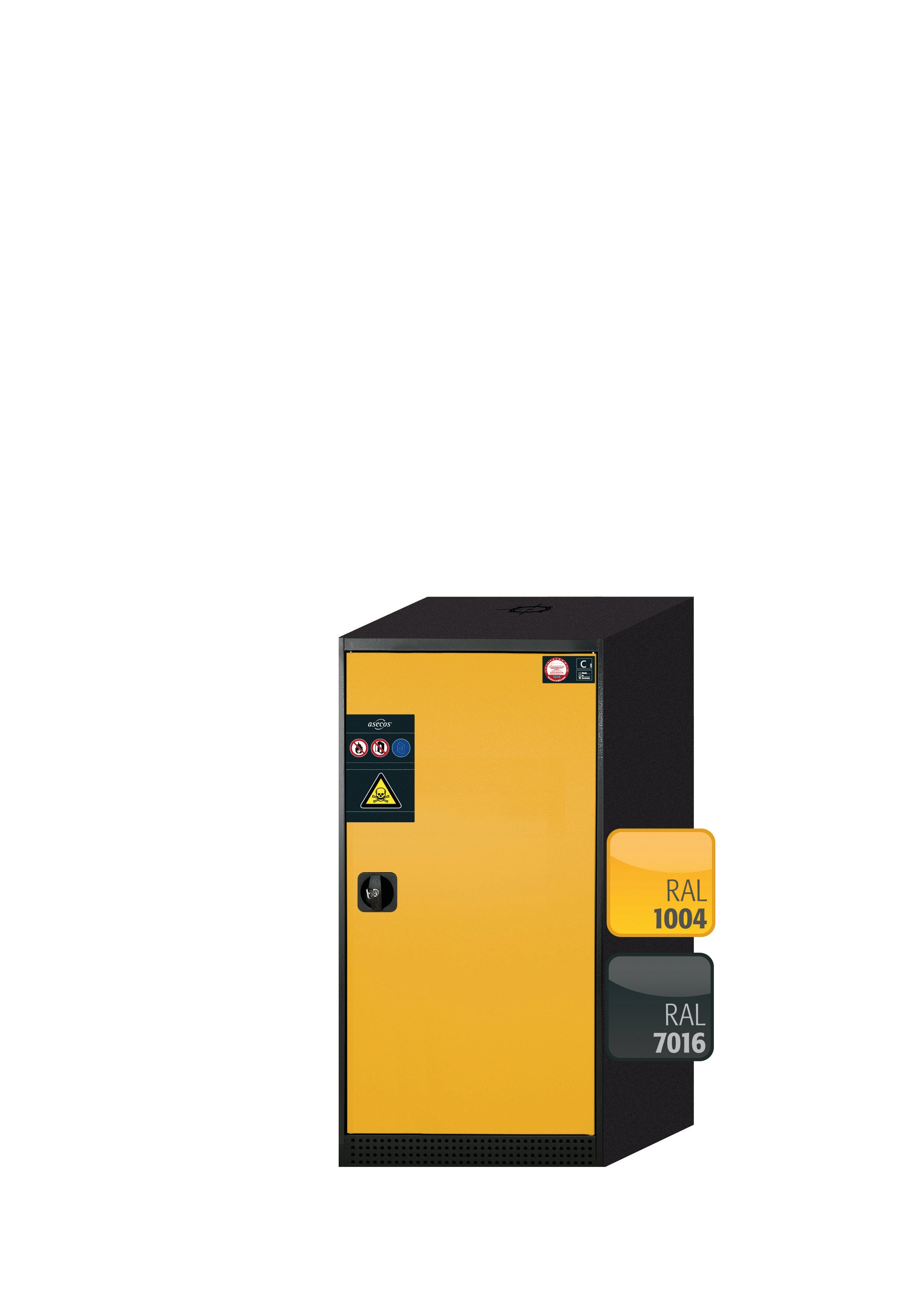 Armoire chimique CS-CLASSIC modèle CS.110.054.R en jaune sécurité RAL 1004 avec 2 étagères coulissantes AbZ (tôle d'acier/polypropylène)