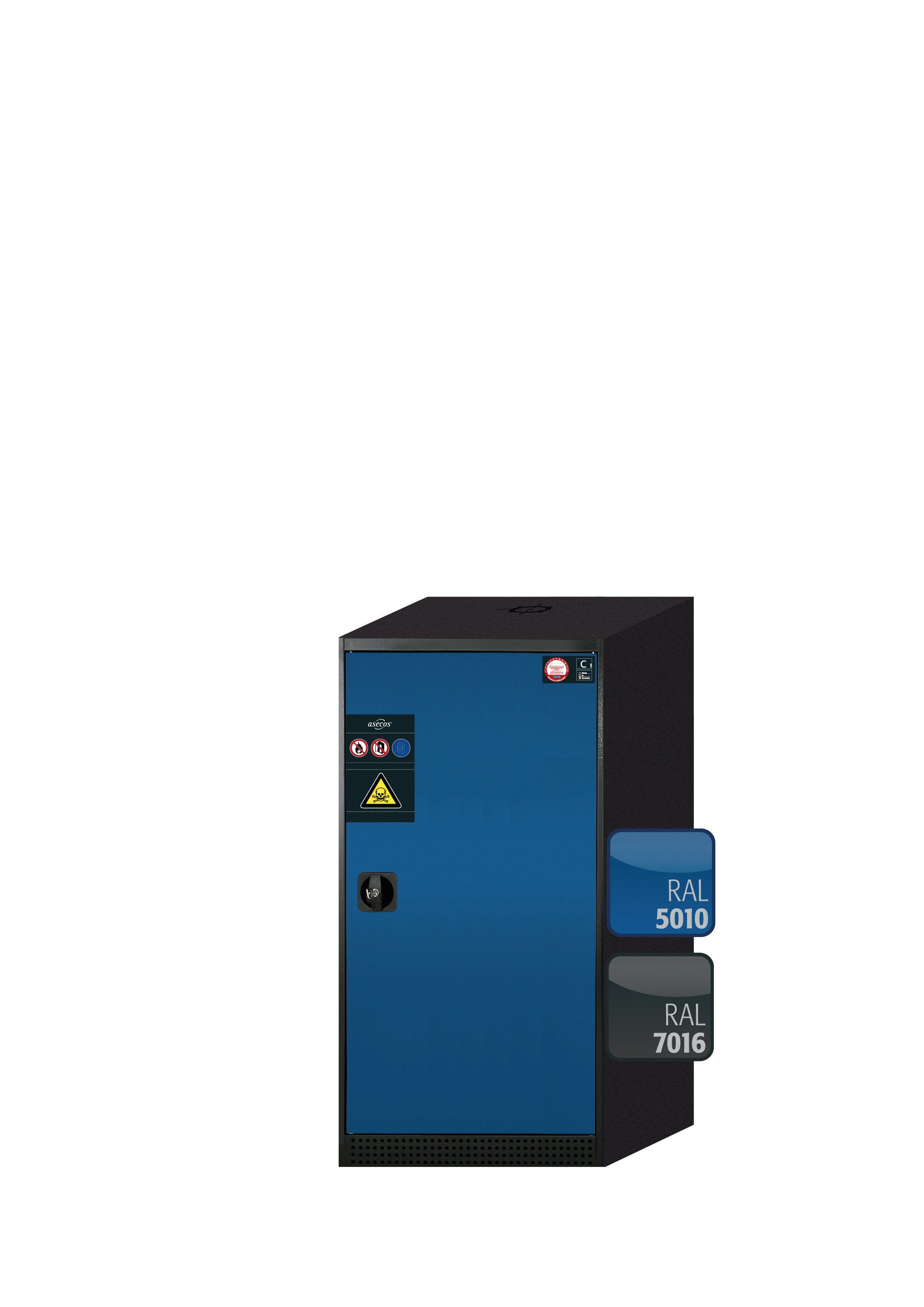 Chemikalienschrank CS-CLASSIC Modell CS.110.054.R in enzianblau RAL 5010 mit 3x Tablarauszug AbZ (Stahlblech/Polypropylen)