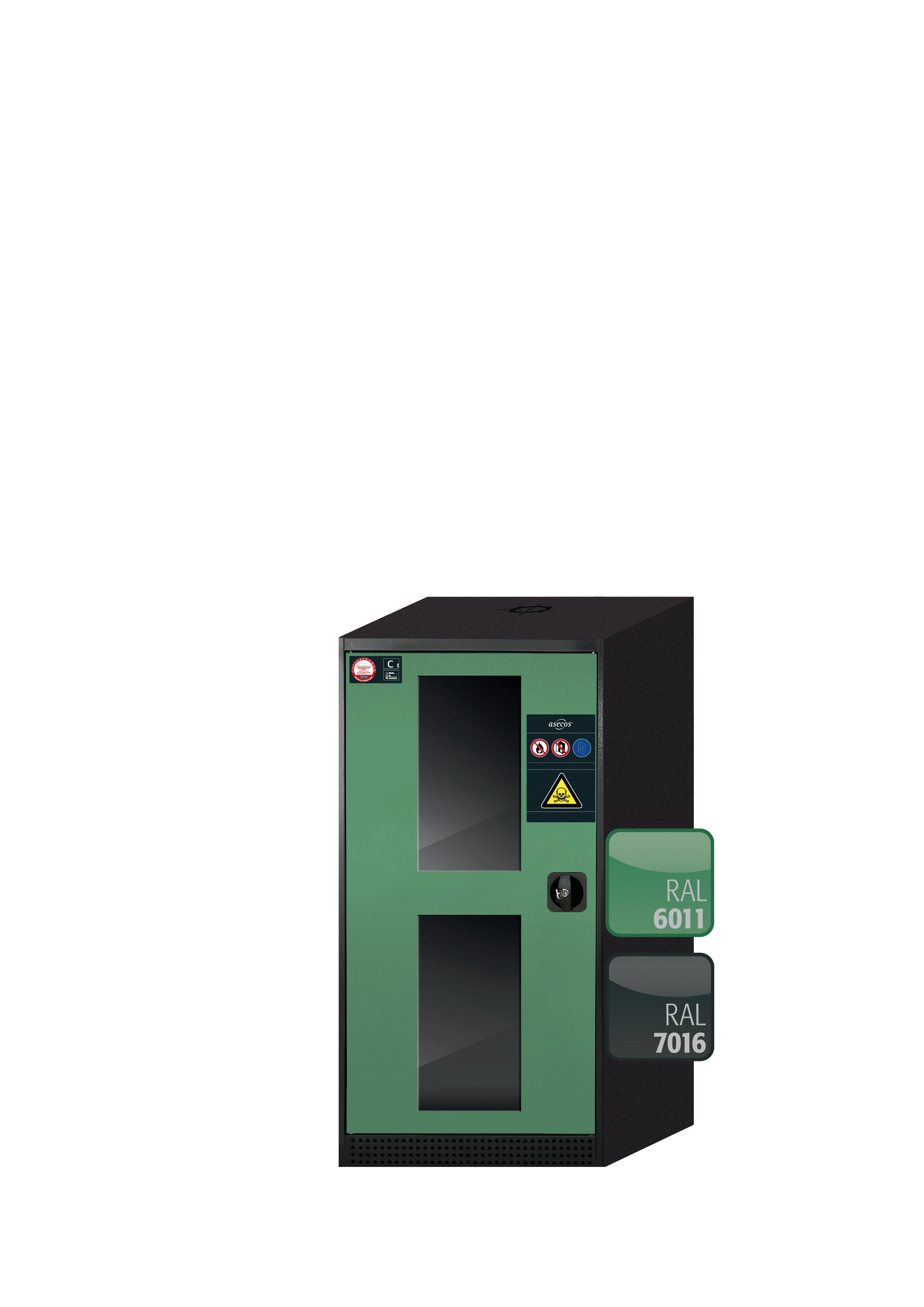 Armoire chimique CS-CLASSIC-G modèle CS.110.054.WDFW en vert réséda RAL 6011 avec 2 tiroirs coulissants pour étagères AbZ (tôle d'acier/polypropylène)
