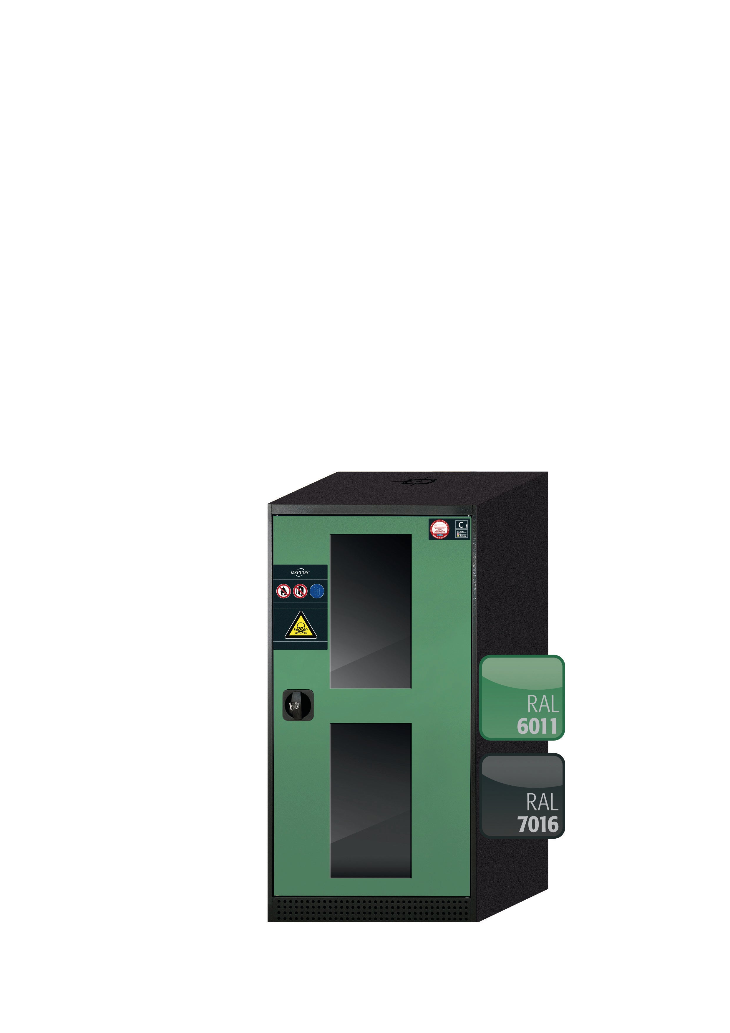 Armoire chimique CS-CLASSIC-G modèle CS.110.054.WDFWR en vert réséda RAL 6011 avec 3 tiroirs coulissants pour étagères AbZ (tôle d'acier/polypropylène)