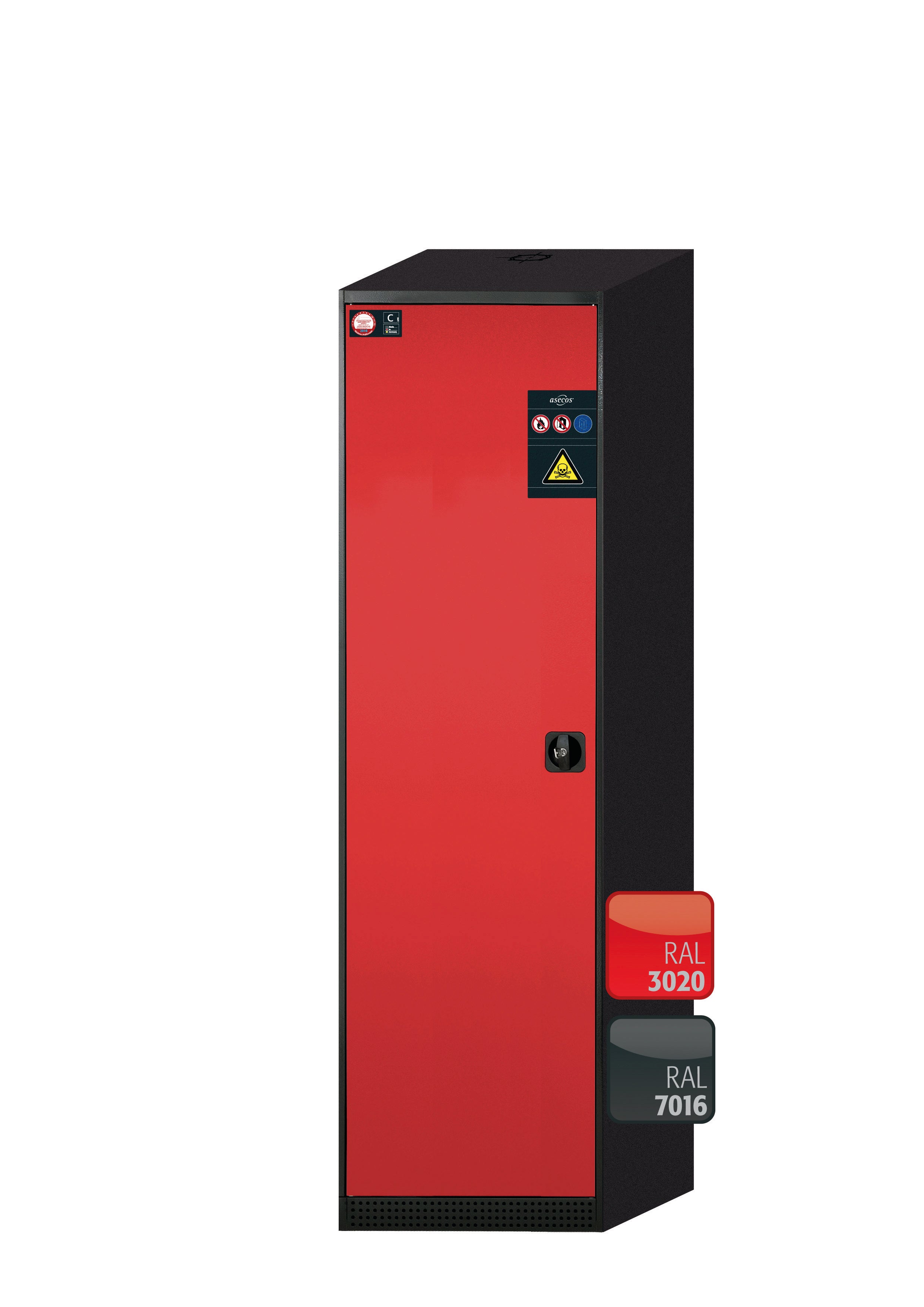Armoire chimique CS-CLASSIC modèle CS.195.054 en rouge signalisation RAL 3020 avec 3x étagères standard (tôle d'acier)
