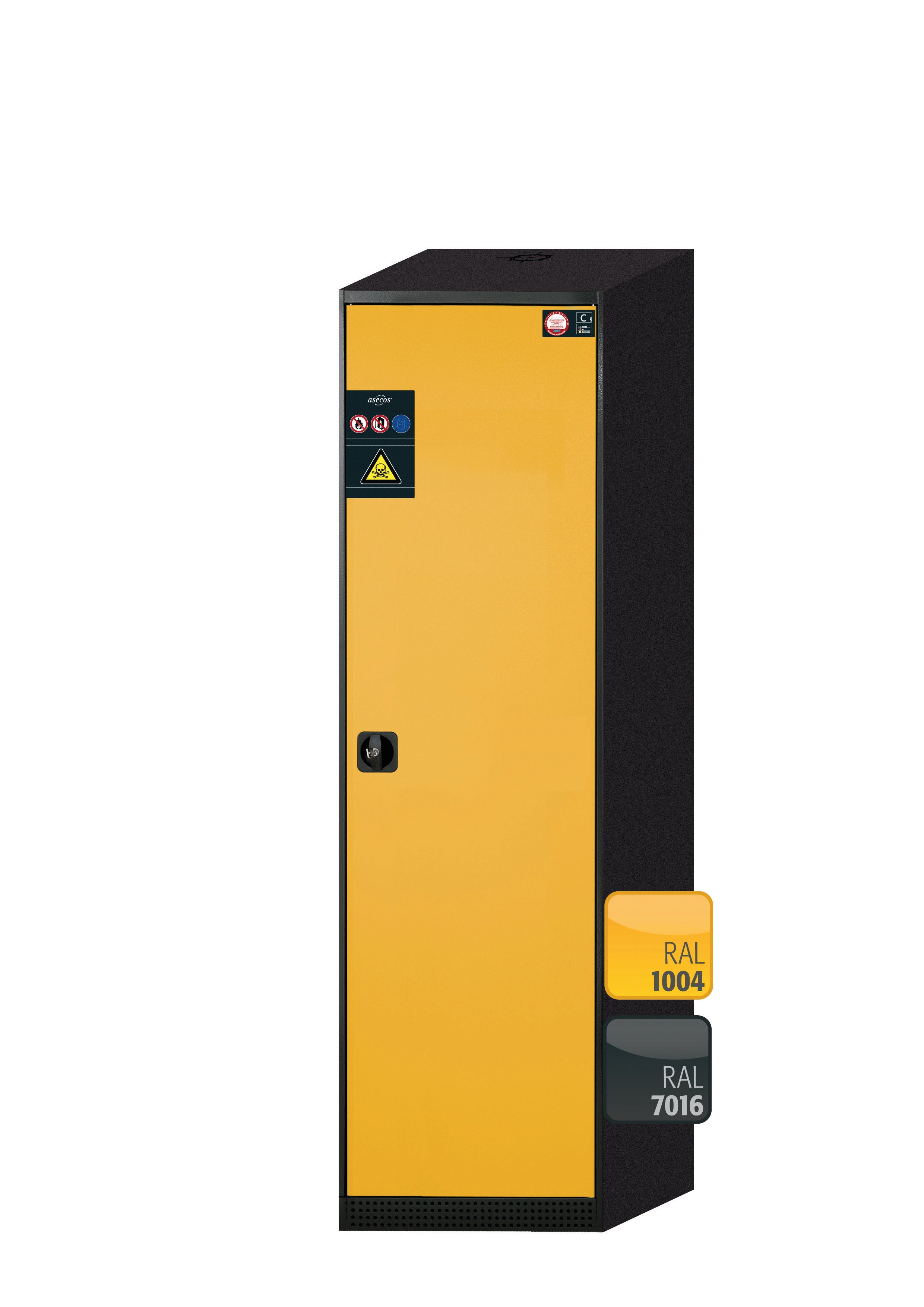Armoire chimique CS-CLASSIC modèle CS.195.054.R en jaune de sécurité RAL 1004 avec 3x étagères standard (tôle d'acier)