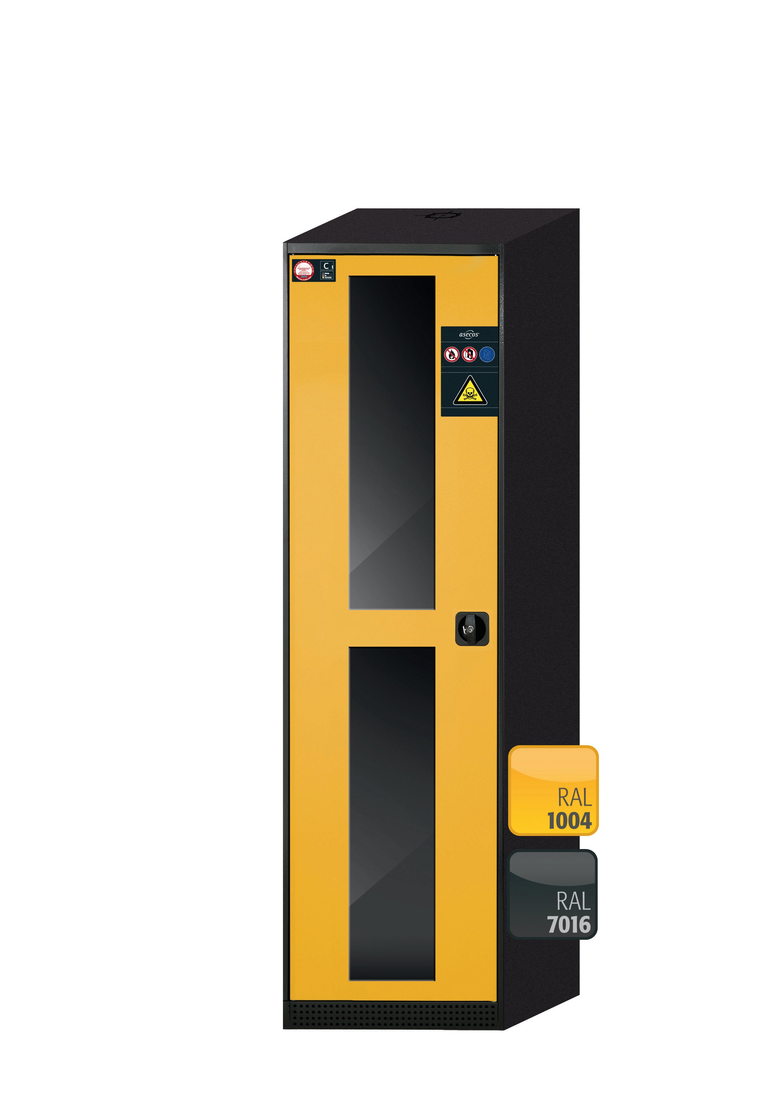 Chemical cabinet CS-CLASSIC-G model CS.195.054.WDFW in safety yellow RAL 1004 with 6x AbZ pull-out shelves (sheet steel/polypropylene)