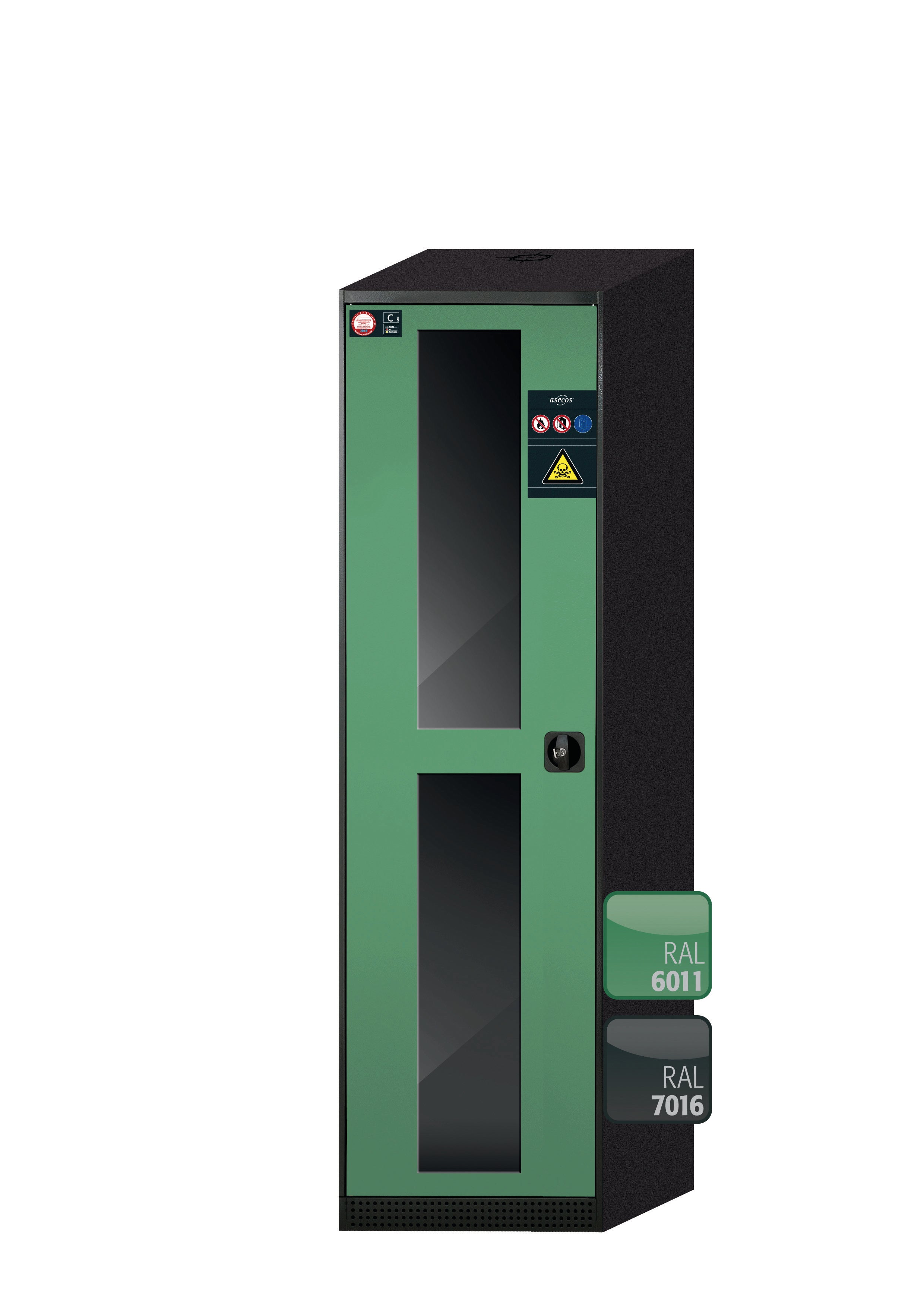 Chemical cabinet CS-CLASSIC-G model CS.195.054.WDFW in reseda green RAL 6011 with 6x AbZ shelf pull-outs (sheet steel/polypropylene)