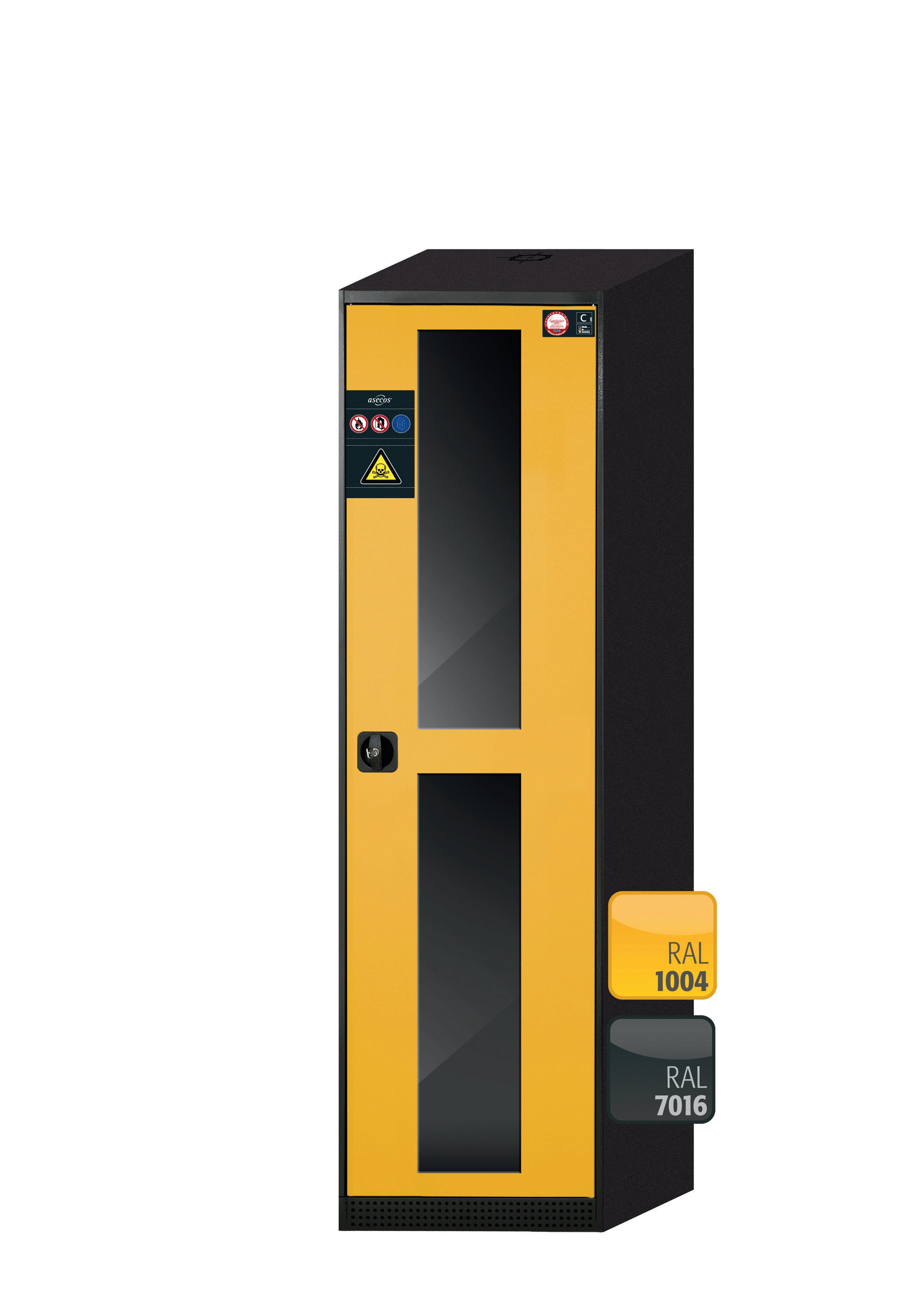 Chemical cabinet CS-CLASSIC-G model CS.195.054.WDFWR in safety yellow RAL 1004 with 6x AbZ shelf pull-outs (sheet steel/polypropylene)
