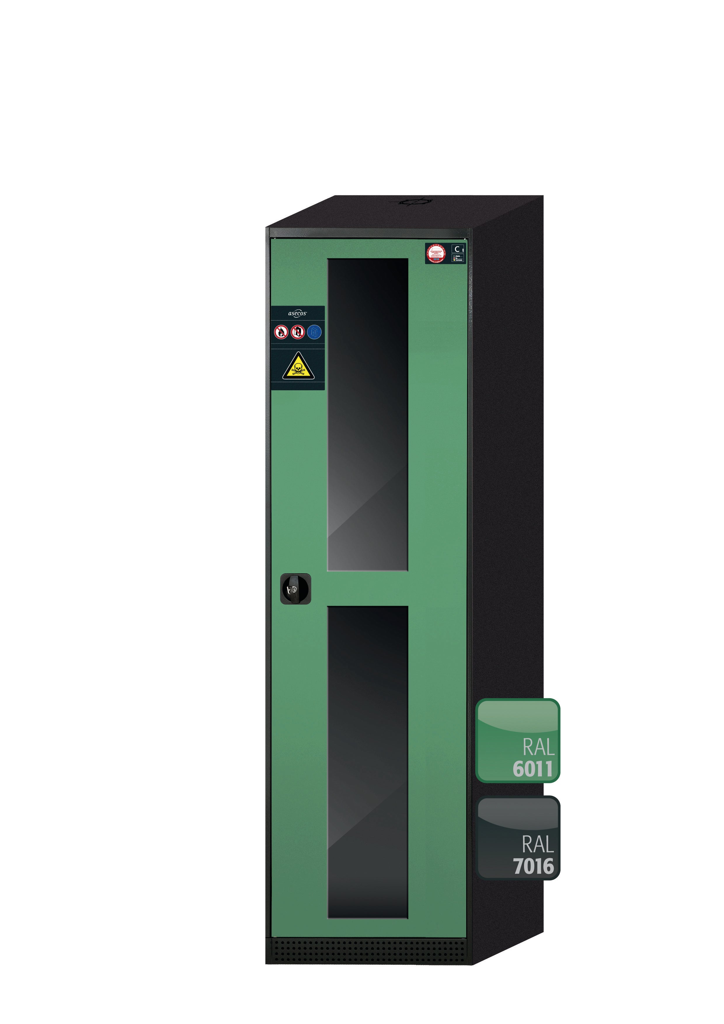 Chemical cabinet CS-CLASSIC-G model CS.195.054.WDFWR in reseda green RAL 6011 with 5x AbZ shelf pull-outs (sheet steel/polypropylene)