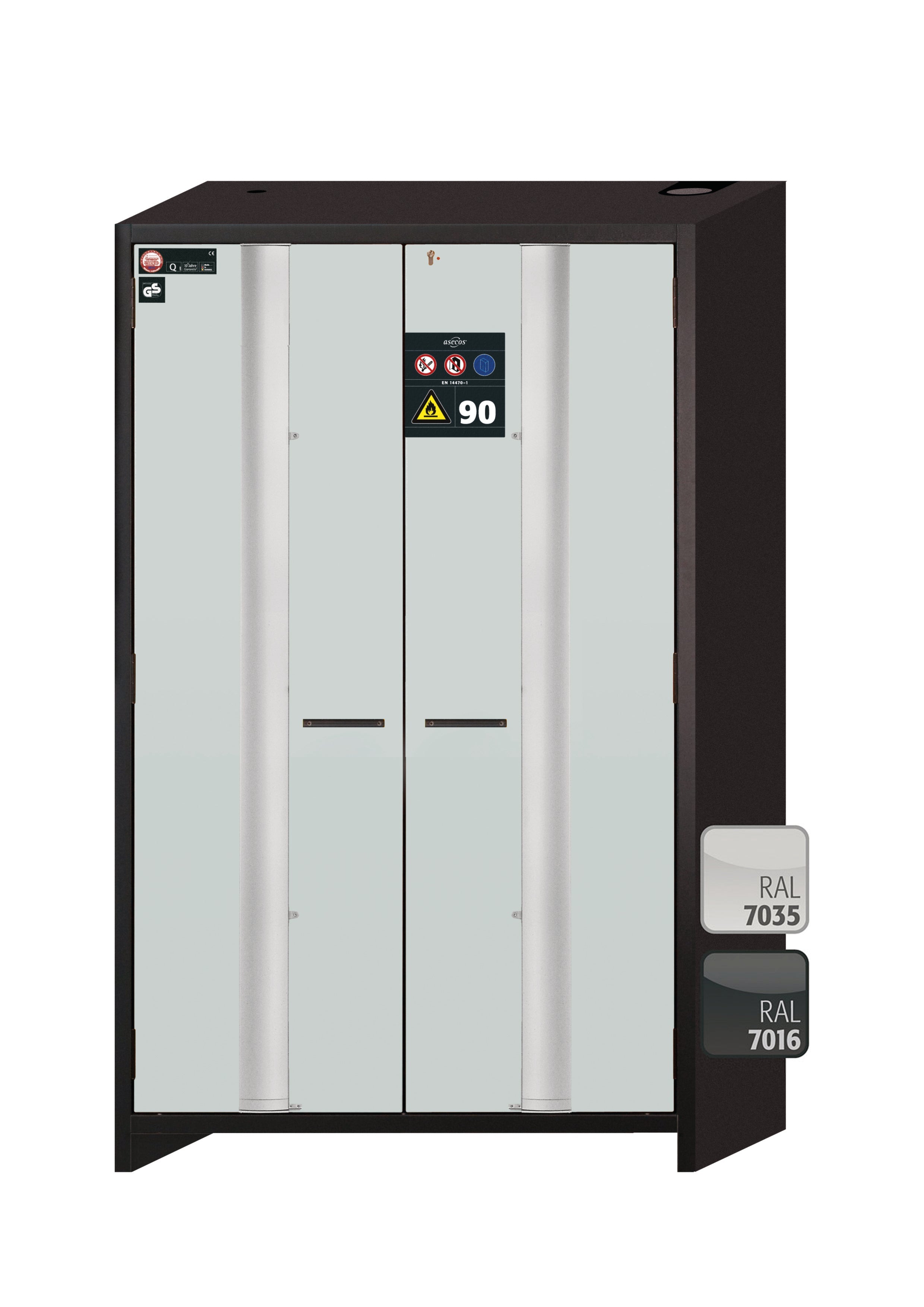 Type 90 safety cabinet Q-PHOENIX-90 model Q90.195.120.FD in light gray RAL 7035 with 2x standard shelves (stainless steel 1.4301)