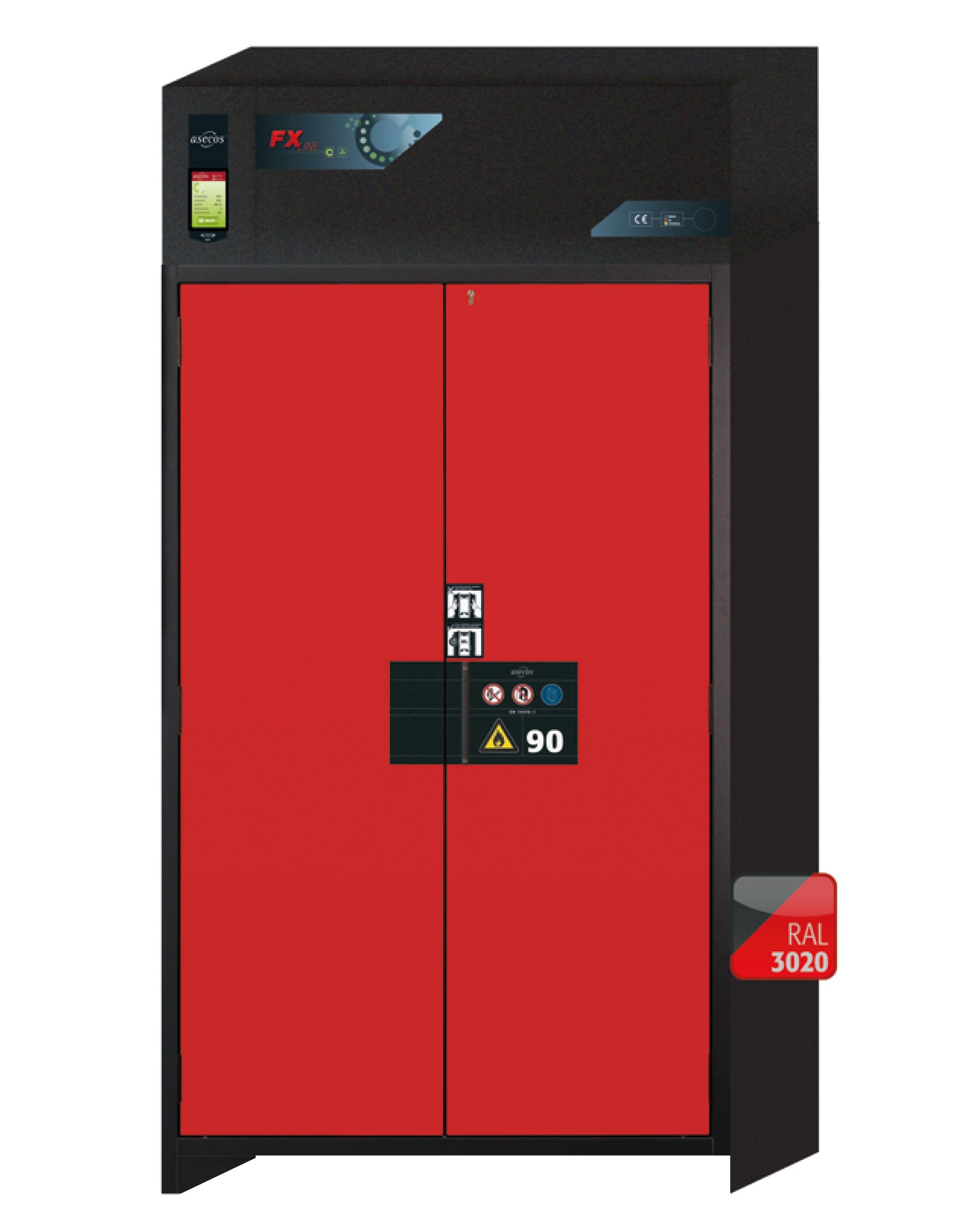 Armoire de filtration d'air de recirculation de type 90 FX-PEGASUS-90 modèle FX90.229.120.WDAC en rouge signalisation RAL 3020 avec 2 étagères standard (acier inoxydable 1.4301)