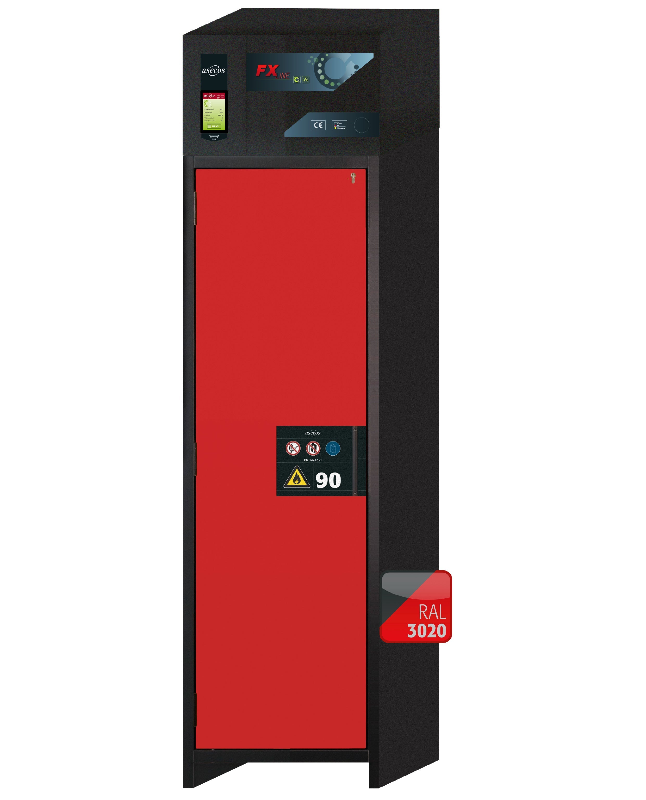 Armoire de filtration d'air de recirculation de type 90 FX-PEGASUS-90 modèle FX90.229.060.WDAC en rouge signalisation RAL 3020 avec 3 étagères standard (acier inoxydable 1.4301)