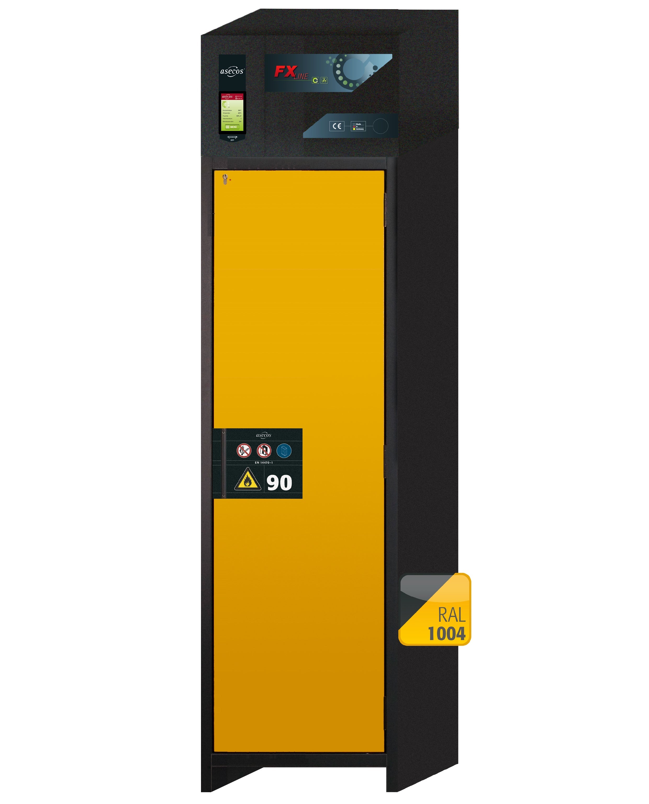 Armoire de filtration d'air recyclé type 90 FX-PEGASUS-90 modèle FX90.229.060.WDACR en jaune de sécurité RAL 1004 avec 5x plateaux coulissants standard (tôle d'acier)