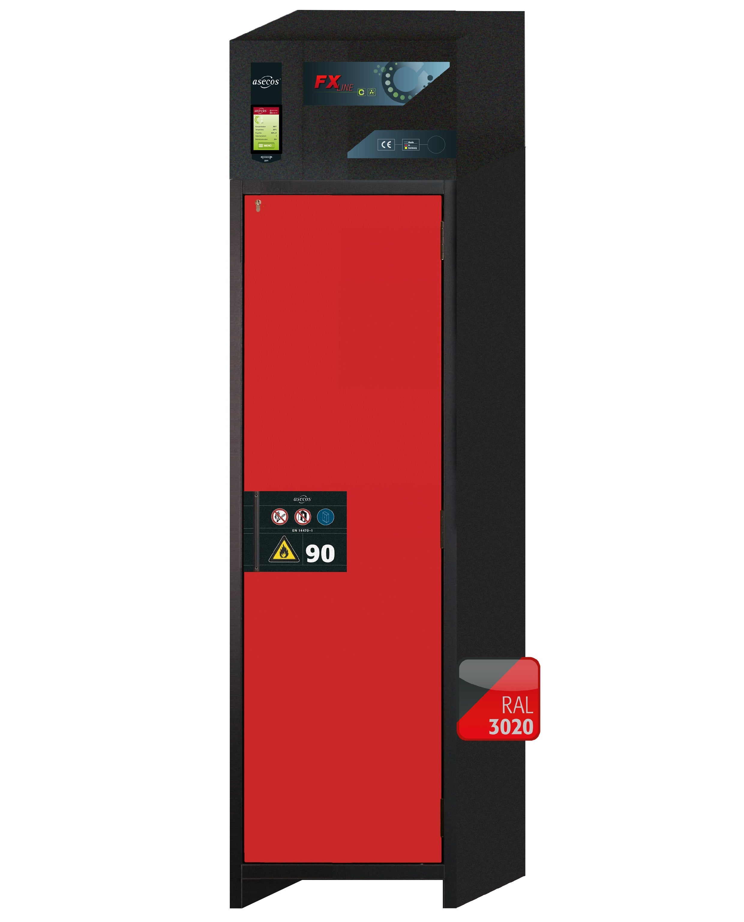 Armoire de filtration d'air de type 90 FX-PEGASUS-90 modèle FX90.229.060.WDACR en rouge signalisation RAL 3020 avec 2 étagères standard (acier inoxydable 1.4301)