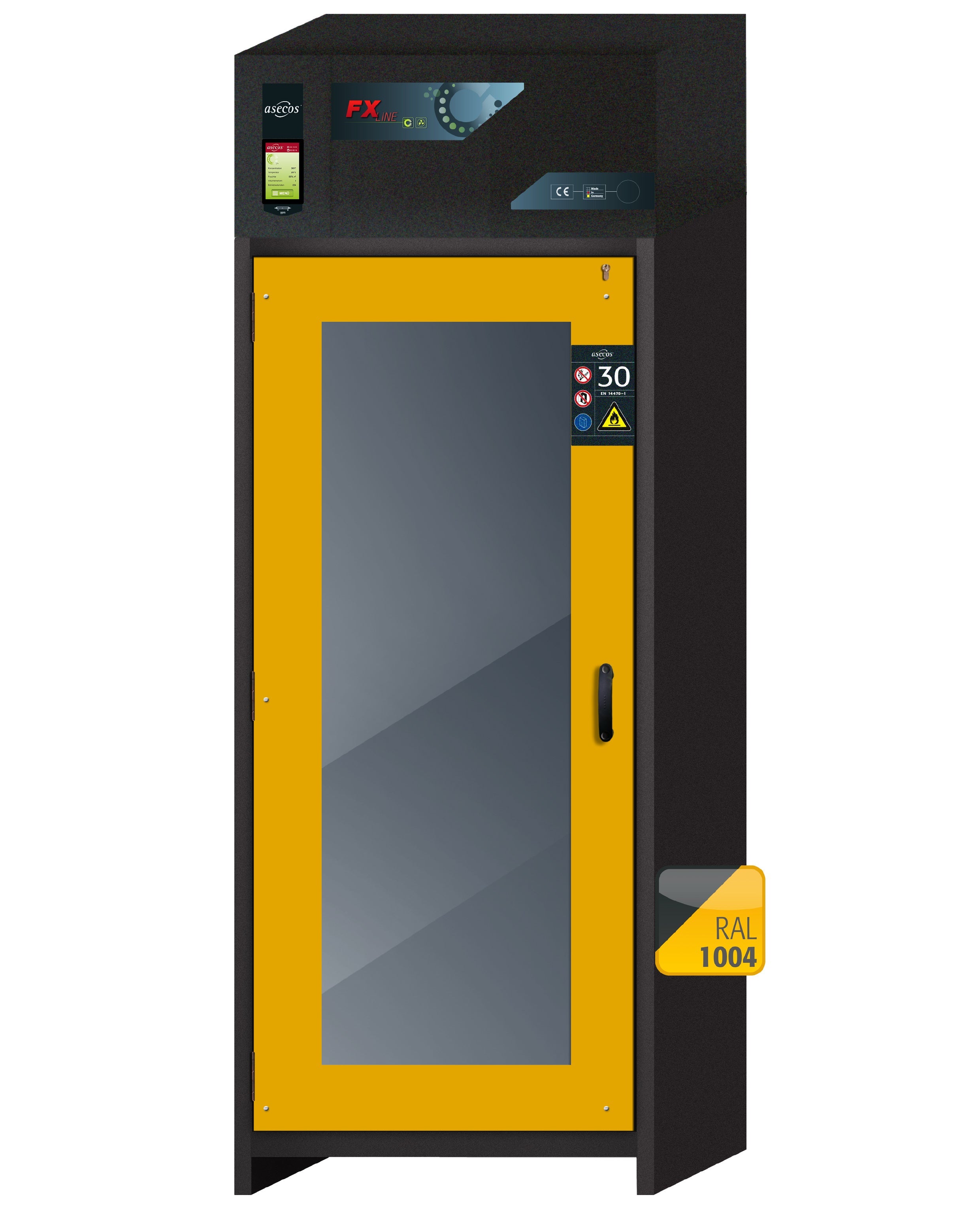 Armoire de filtration d'air de type 30 FX-DISPLAY-30 modèle FX30.229.086.WDFW en jaune de sécurité RAL 1004 avec 3 étagères standard (acier inoxydable 1.4301)