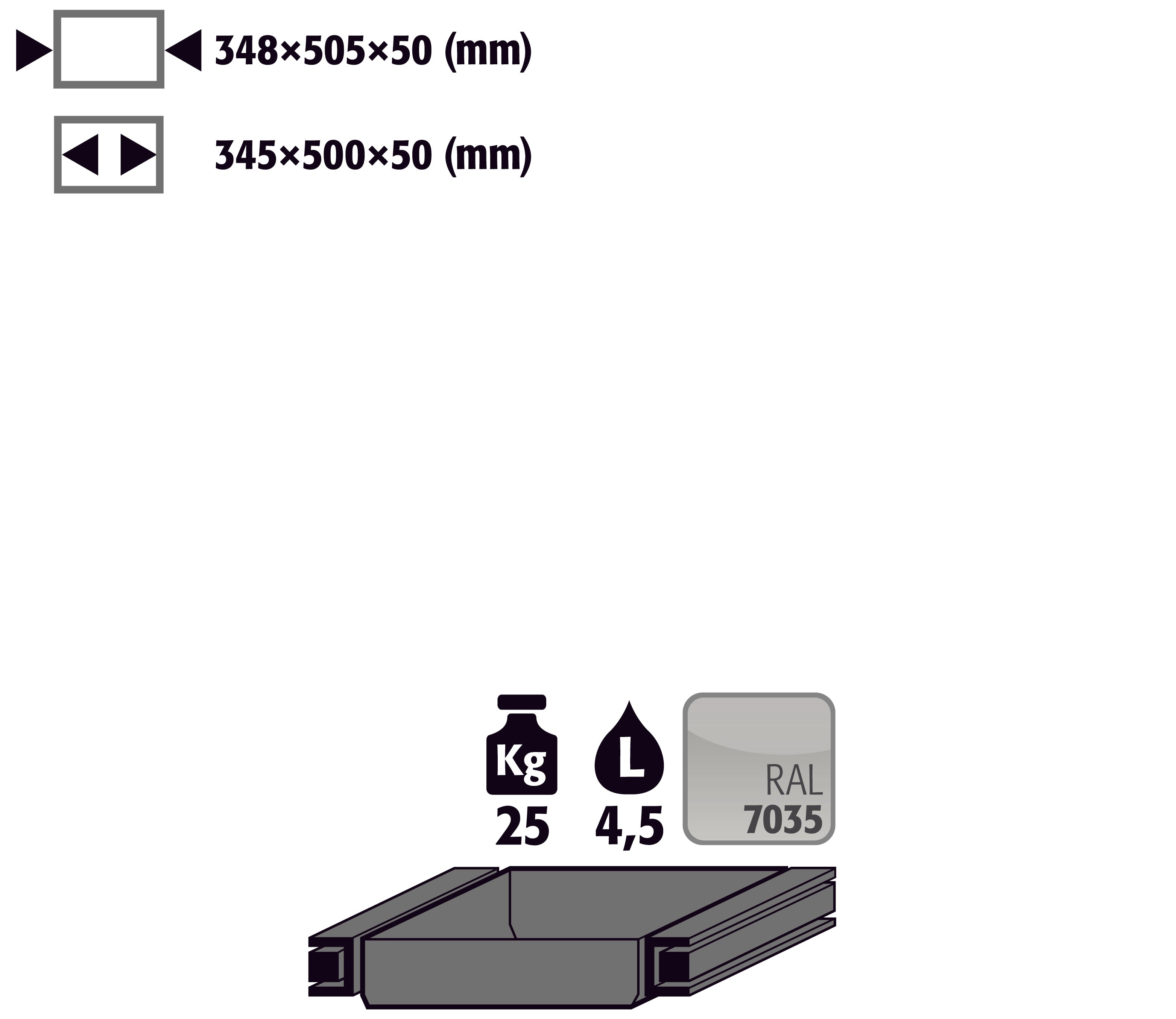 Auszugswanne Standard Türanschlag rechts (Volumen: 4,50 Liter) für Modell(e): Q90, S90 mit Breite 600 mm, Stahlblech pulverbeschichtet glatt