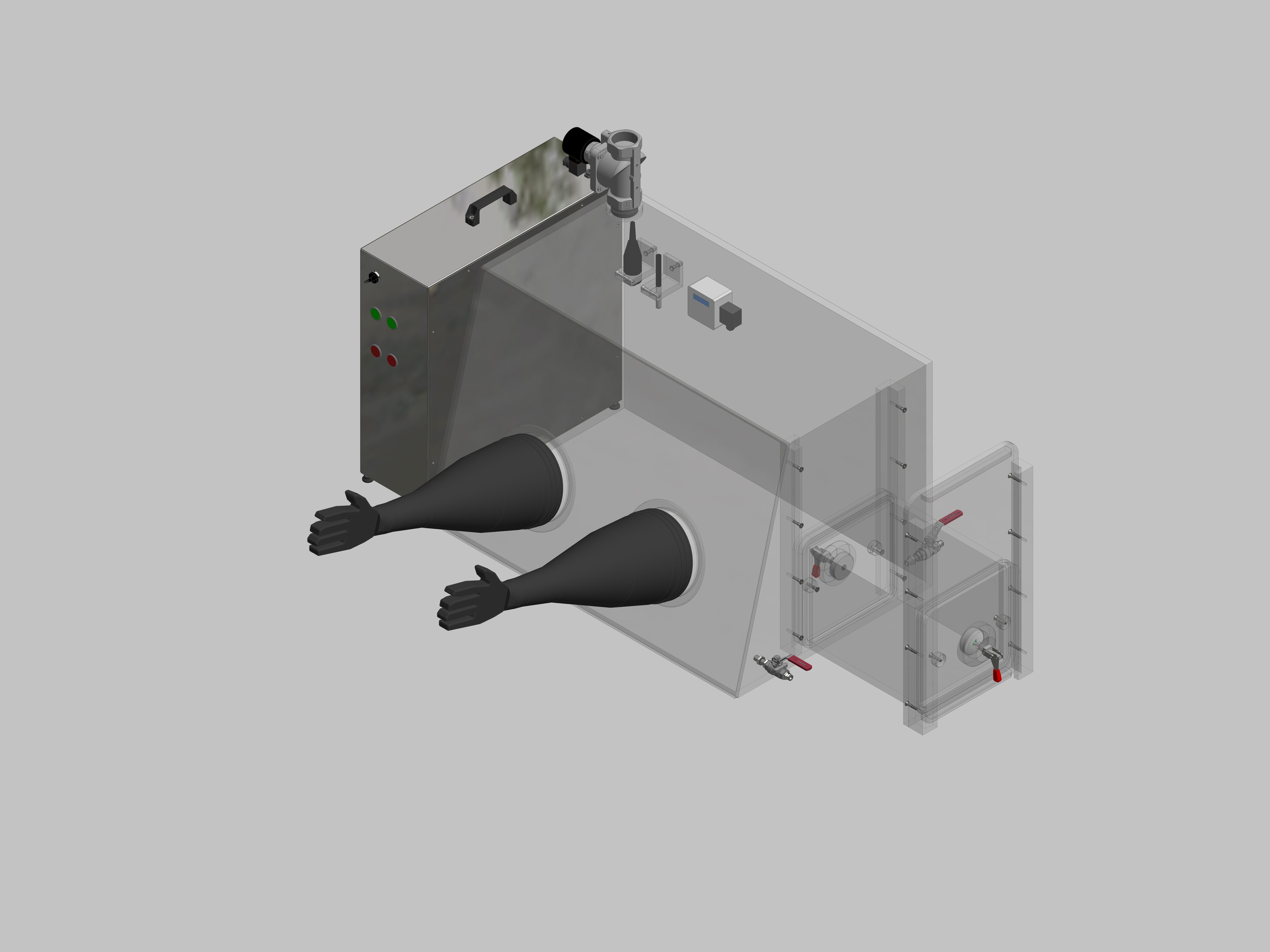 Glovebox aus Acryl> Gasbefüllung: Spülautomatik mit Druckregelung, Frontausführung: Standard, Seitenausführung: Rechteckschleuse Steuerung: Sauerstoffregler mit Feuchteanzeige