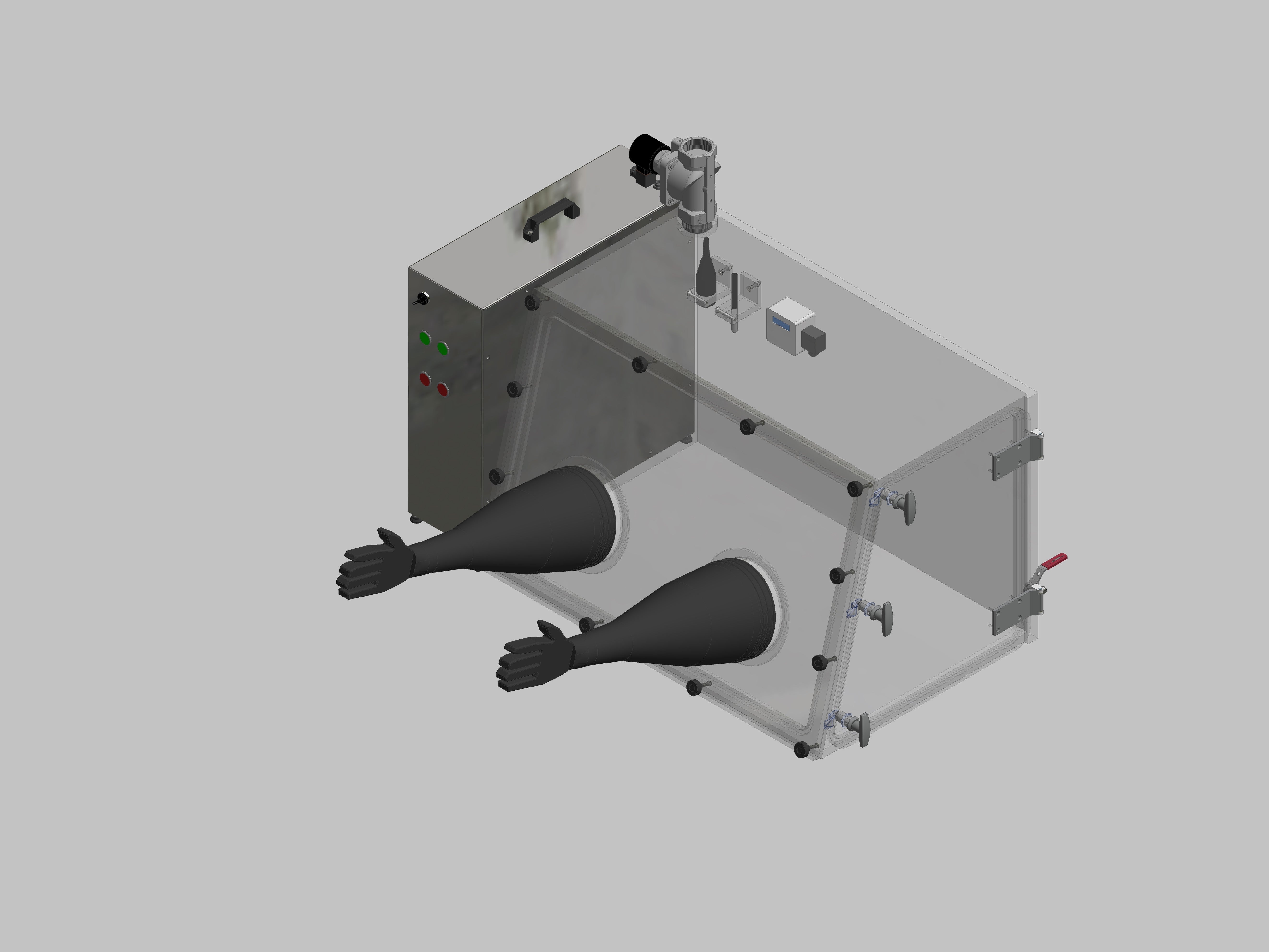 Glovebox aus Acryl> Gasbefüllung: Spülautomatik mit Druckregelung, Frontausführung: abnehmbar Seitenausführung: Flügeltüre Steuerung: Sauerstoffregler mit Feuchteanzeige