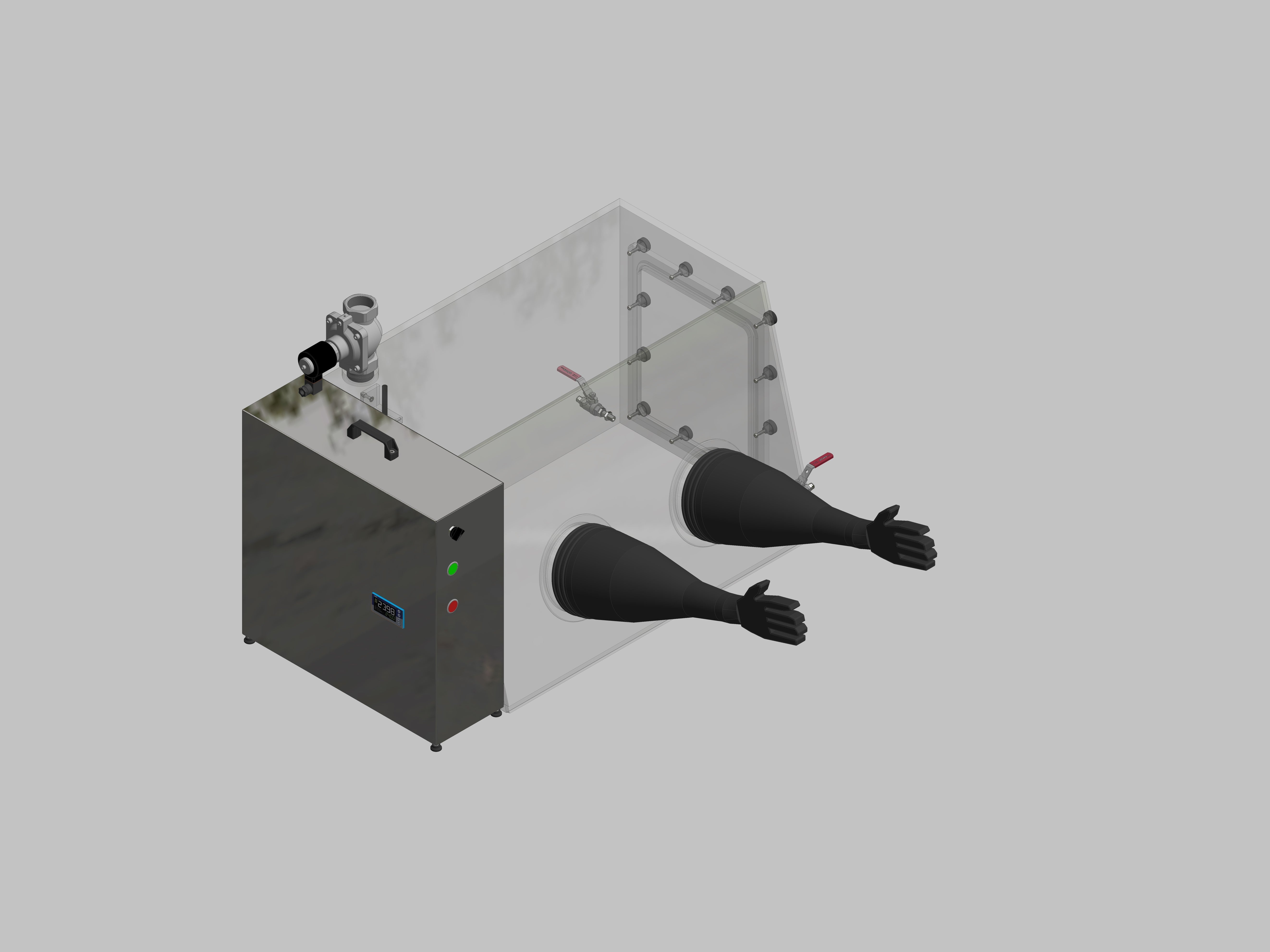 Glovebox aus Acryl> Gasbefüllung: Spülautomatik mit Druckregelung, Frontausführung: Standard, Seitenausführung: Flansch abnehmbar