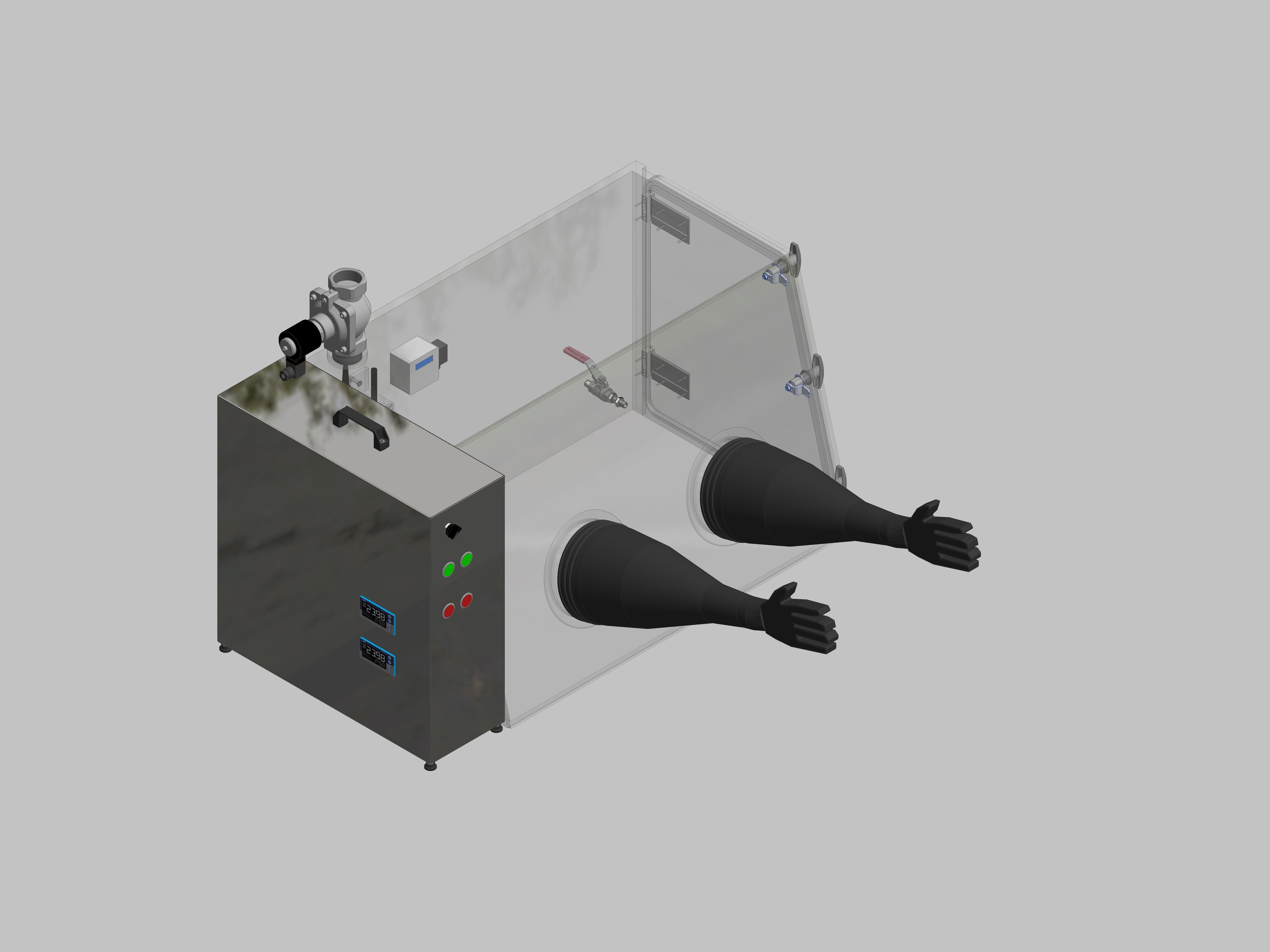 Glovebox aus Acryl> Gasbefüllung: Spülautomatik mit Druckregelung, Frontausführung: Standard, Seitenausführung: Flügeltüre Steuerung: Sauerstoff- und Feuchteregler