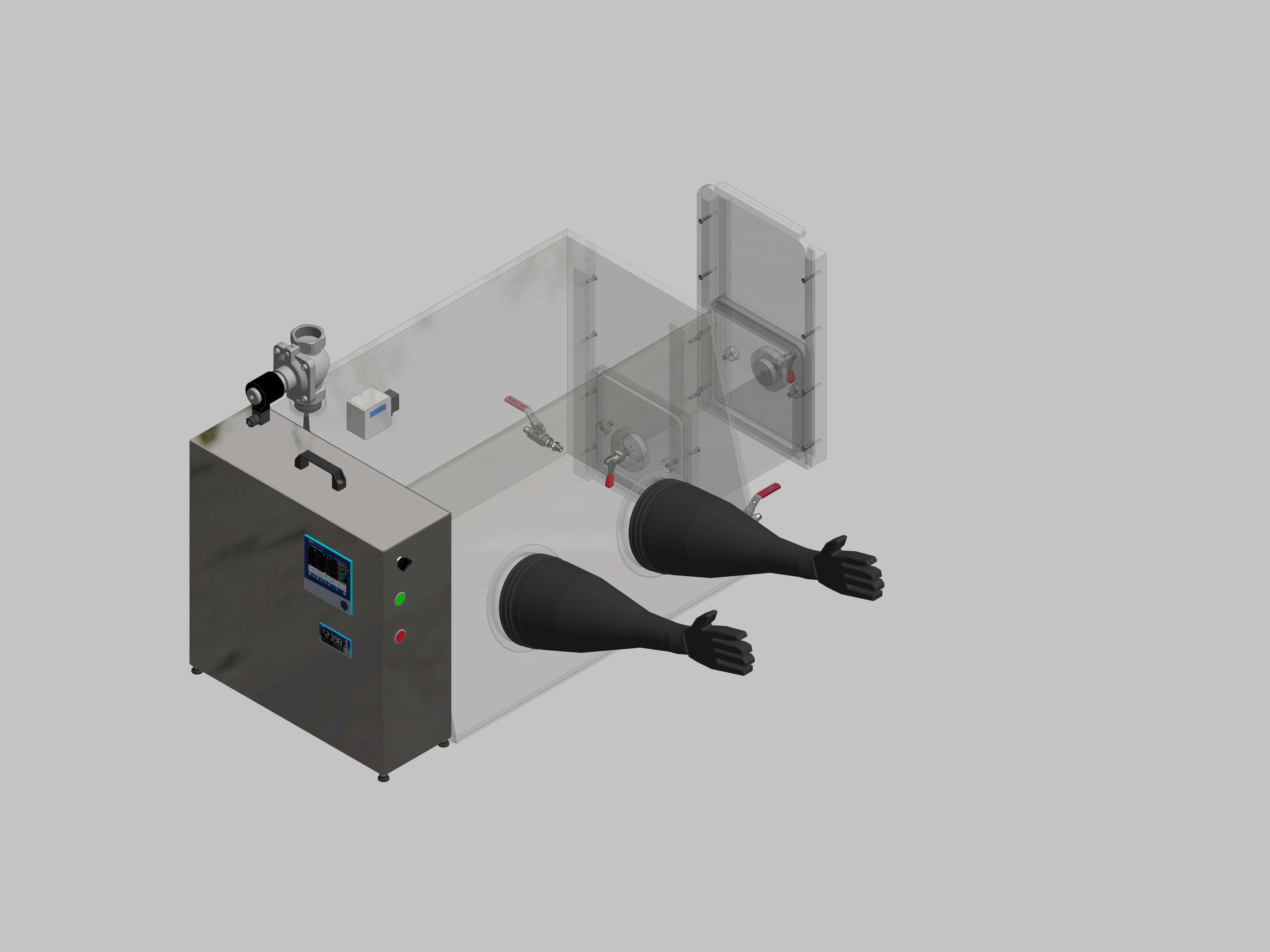 Glovebox aus Acryl> Gasbefüllung: Spülautomatik mit Druckregelung, Frontausführung: Standard, Seitenausführung: Rechteckschleuse Steuerung: Sauerstoffregler mit Datenlogger
